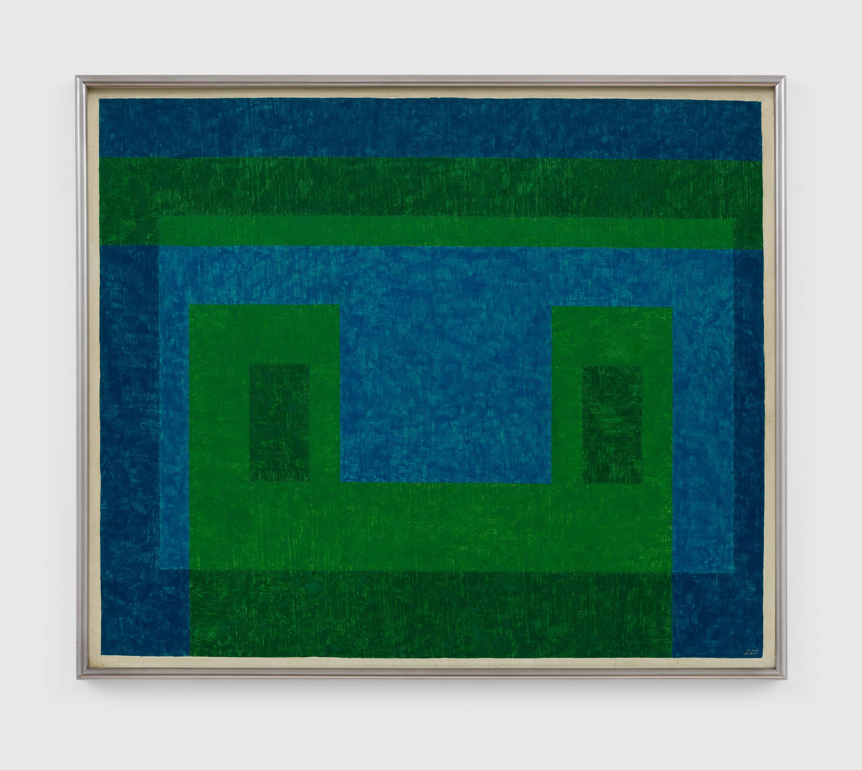 A painting by Josef Albers, titled 2 Blues + 2 Greens, dated 1948.