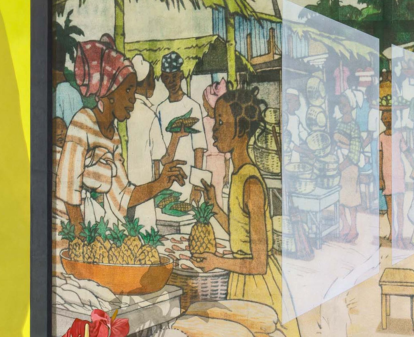 A detail of Njideka Akunyili Crosby, called Ejuna na-aga, ọ kpụlụ nkọlikọ ya; New Haven (Enugu) in New Haven (CT), dated 2022