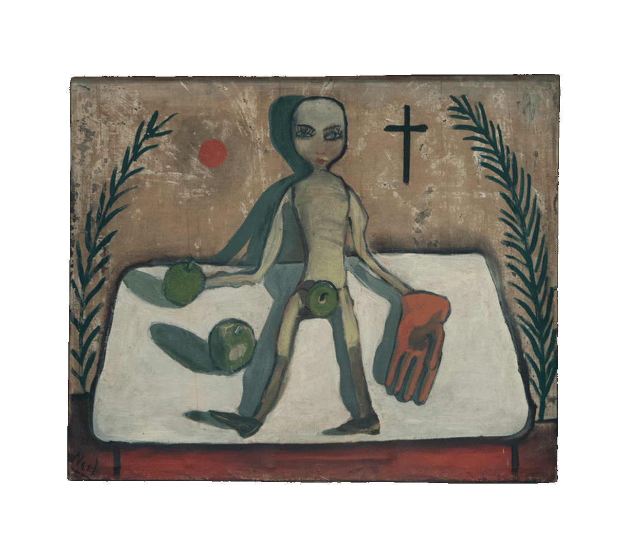 A painting by Alice Neel, titled Symbols (Doll and Apple), dated 1932.