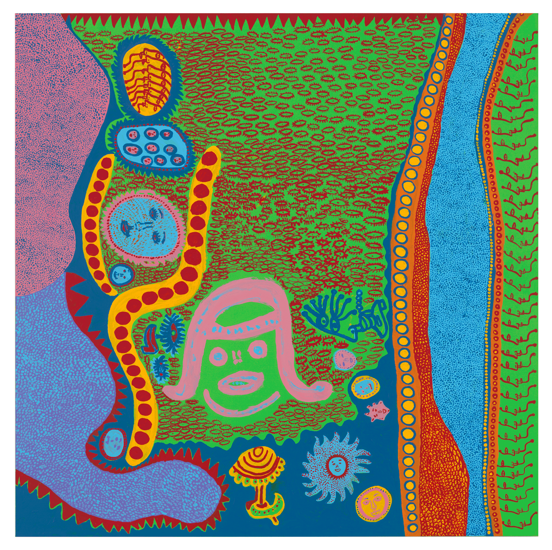 A painting by Yayoi Kusama, titled A Woman With Pink Hair, dated 2013.