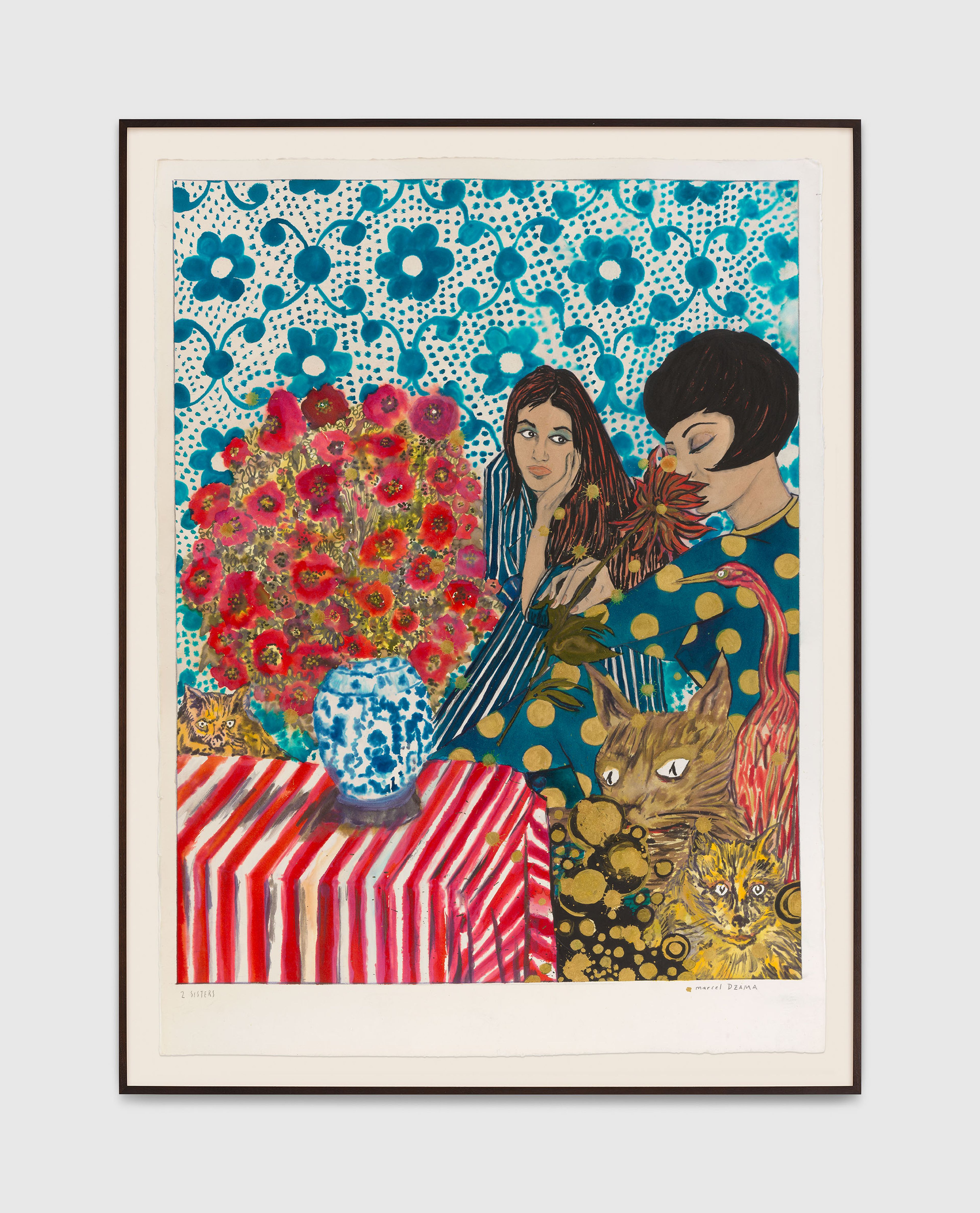 A work on paper by Marcel Dzama, titled 2 sisters, dated 2025.