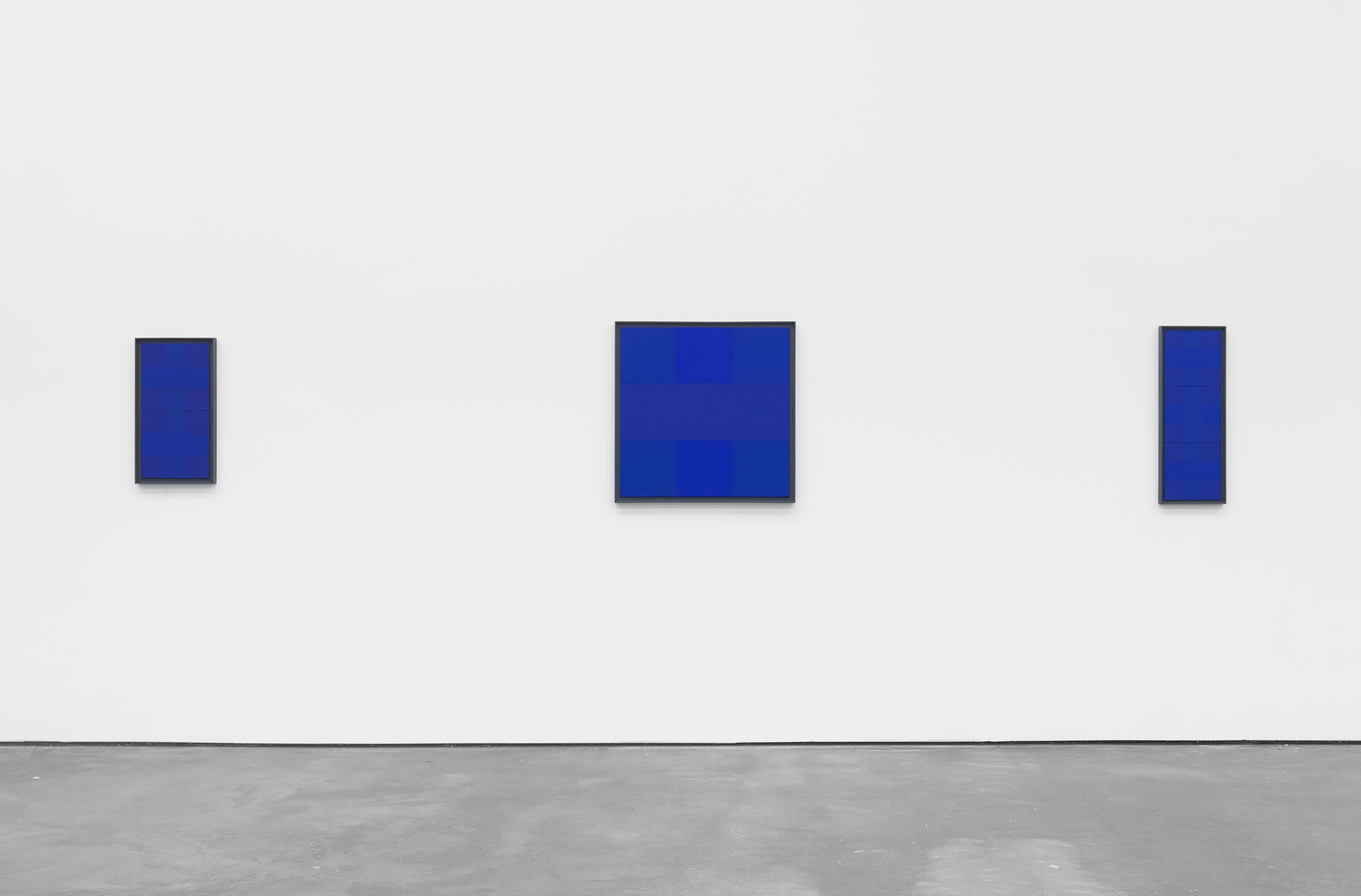 An installation view of an exhibition titled Ad Reinhardt: Blue Paintings, at David Zwirner, New York, in 2017.
