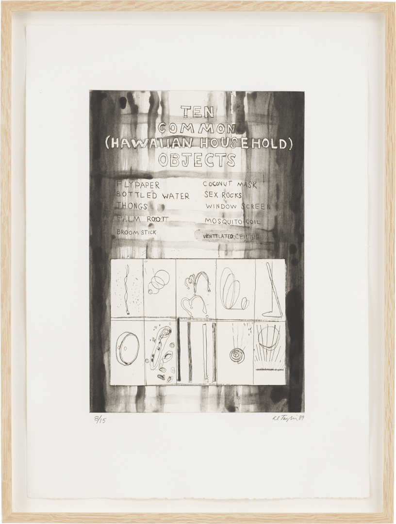 A line etching, spit bite aquatint, drypoint, and burnishing printed in black ink from one copper plate on Zerkall Bütten paper by Al Taylor, titled "Title Page" from Ten Common (Hawaiian Household) Objects, dated 1989,
