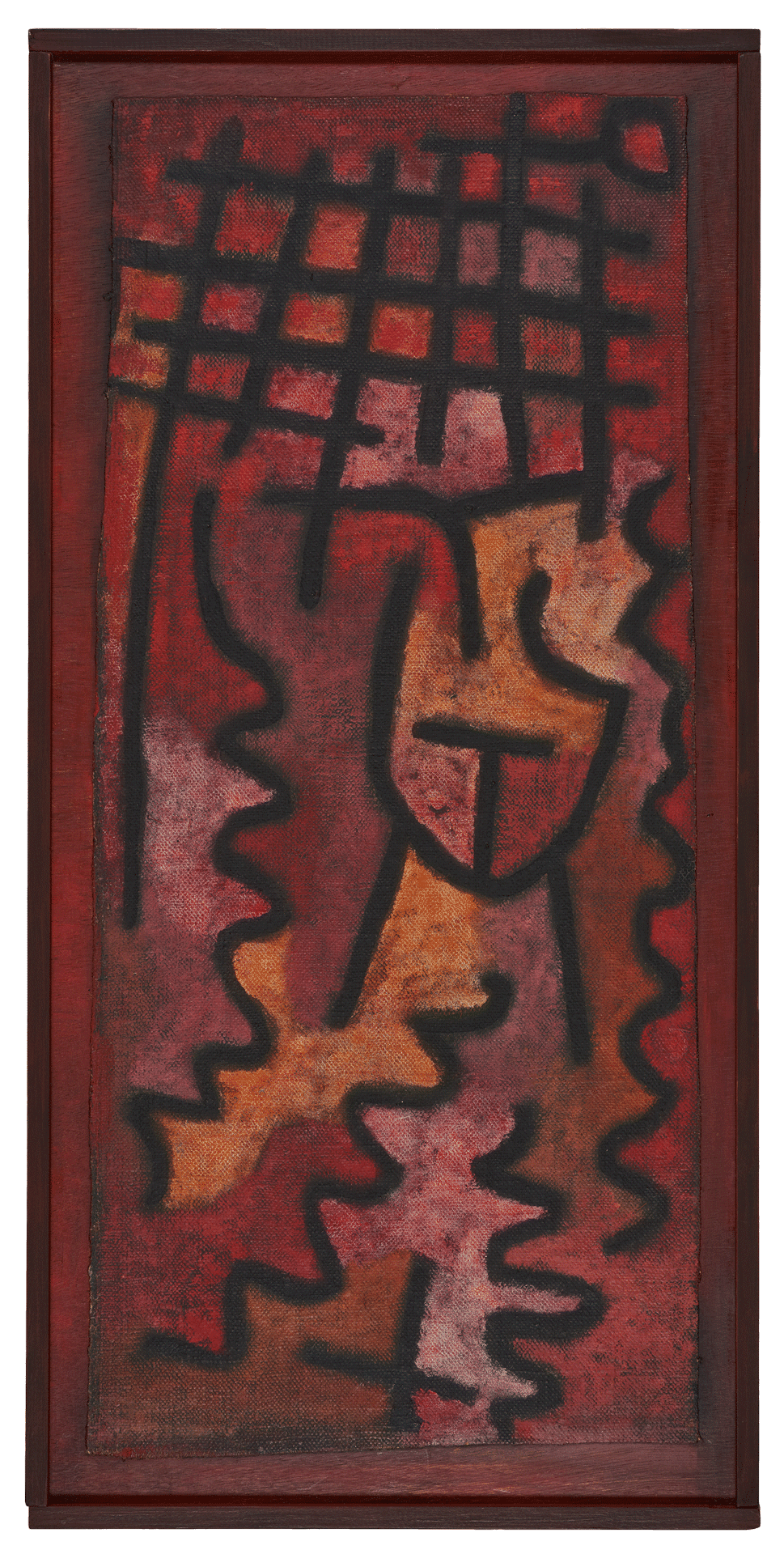 A mixed media work on canvas by Paul Klee, titled Ohne Titel (Gitter und Schlangenlinien um "T") (Untitled¬†[Grids and Wavy Lines Around "T"), circa 1939.