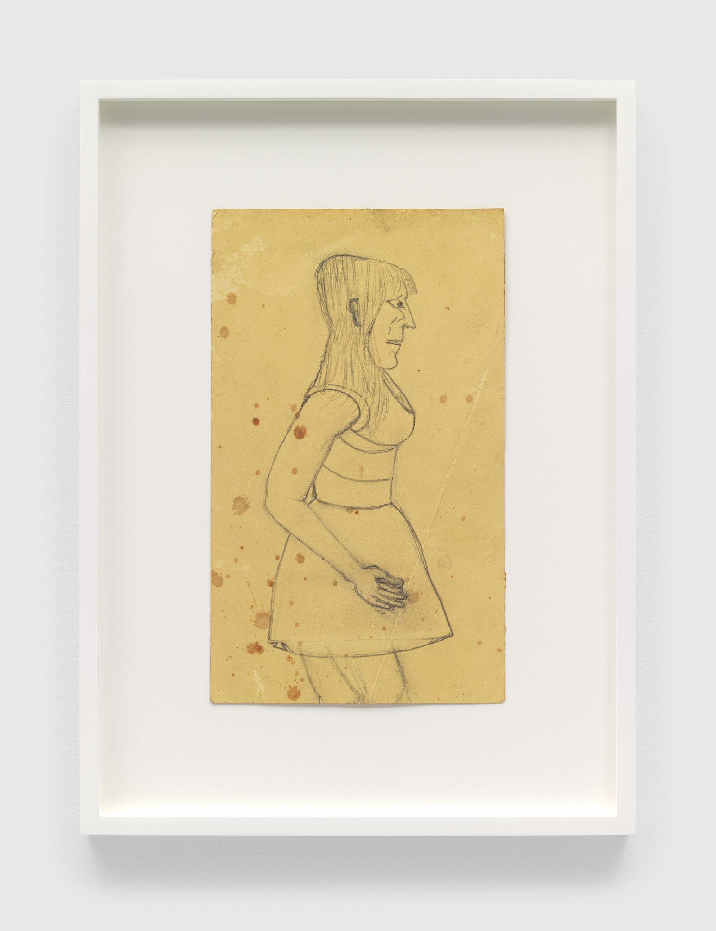 A pencil on cardstock artwork by Frank Walter, titled Untitled (Woman in a Mini Dress), n.d.