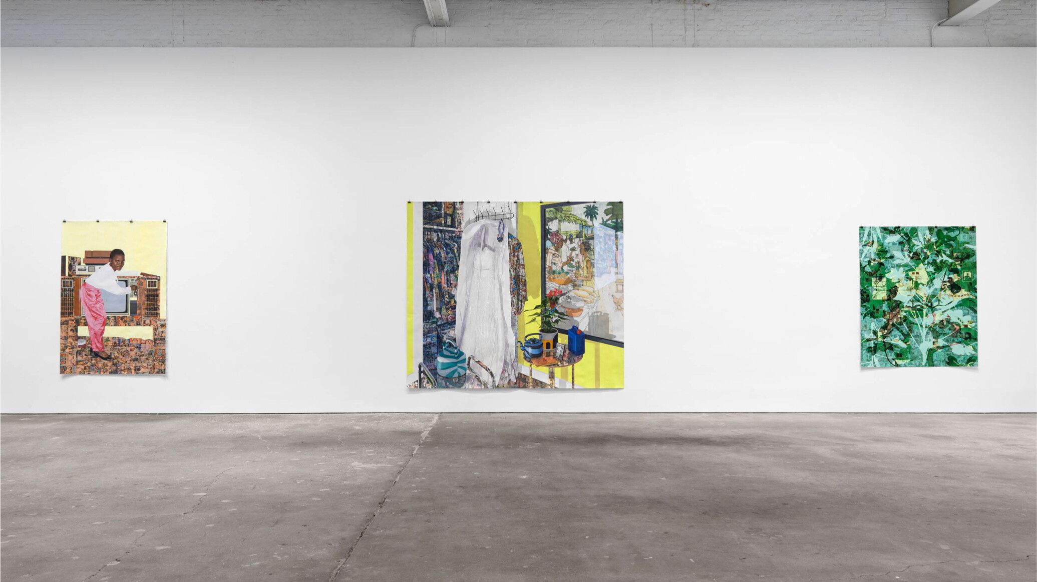 Installation view from the exhibition "Njideka Akunyili Crosby: Coming Back to See Through, Again" at David Zwirner in New York City, 2023