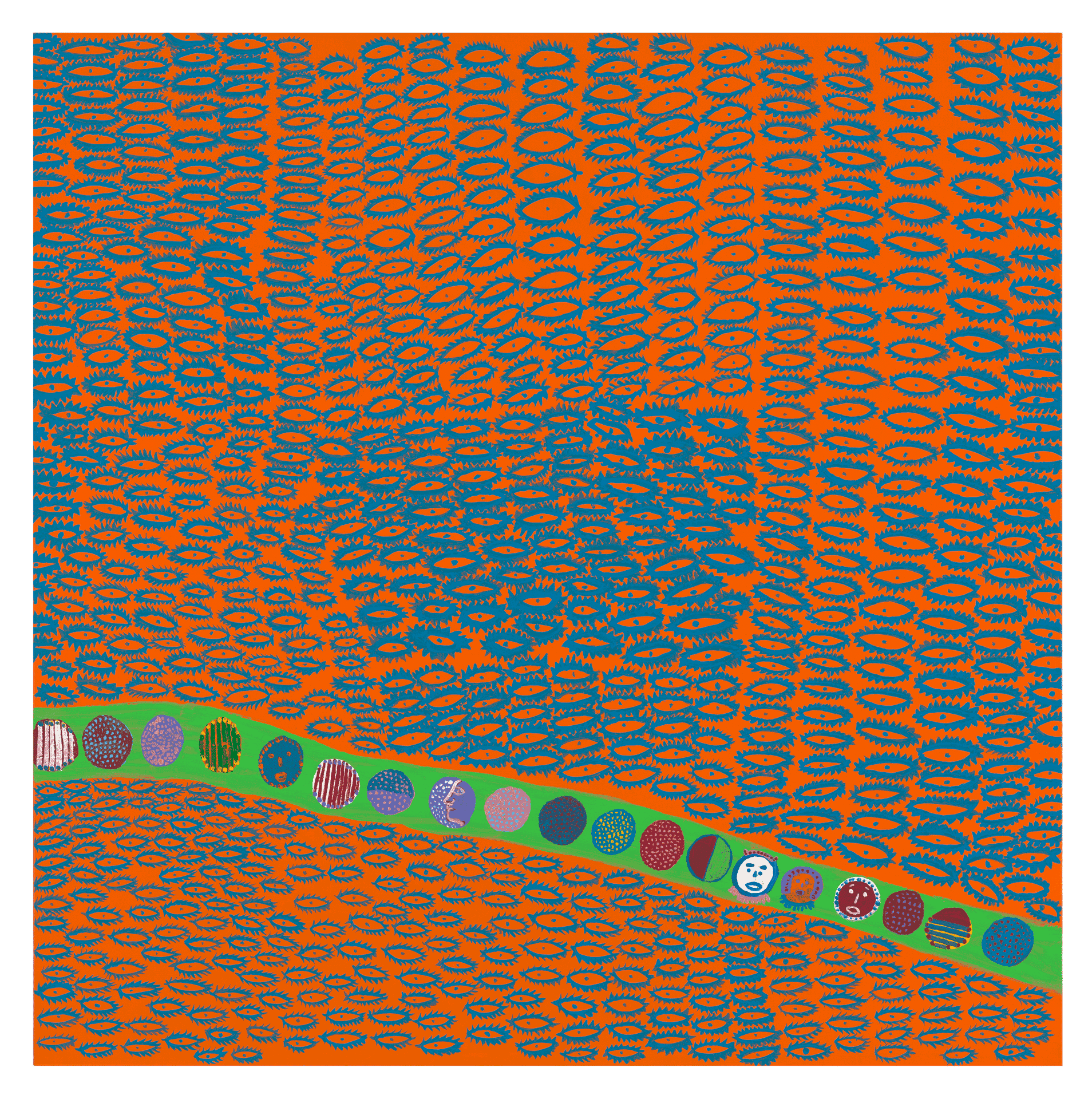A painting by Yayoi Kusama, titled MORNING HAS COME, dated 2013. 
