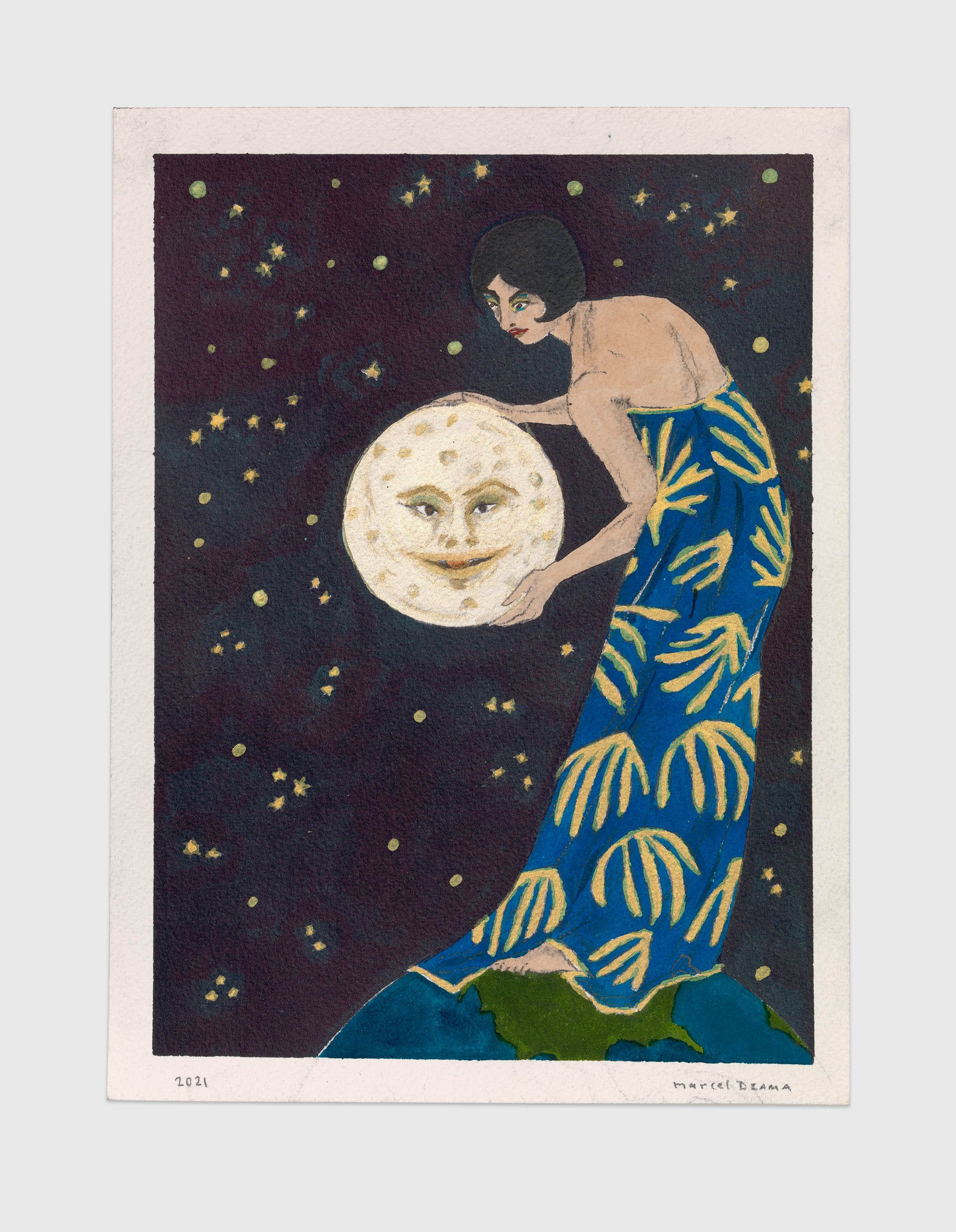 A mixed media artwork by Marcel Dzama, titled She made the moon stay up all night, dated 2021.