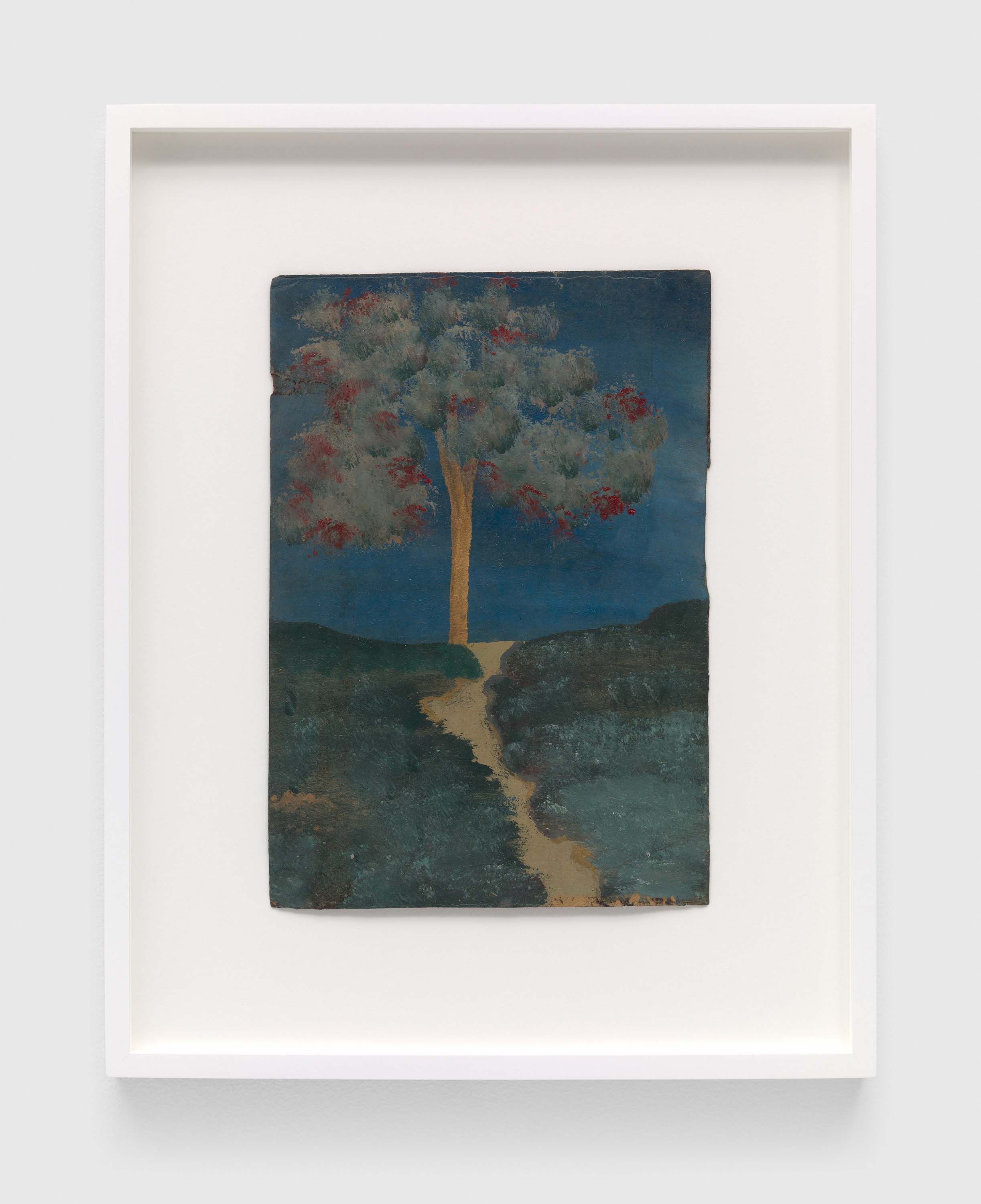 A painting on a single-ply cardboard by Frank Walter, called Untitled (Gold-Trunked Tree, Red Flowers, Blue Sky), n.d.