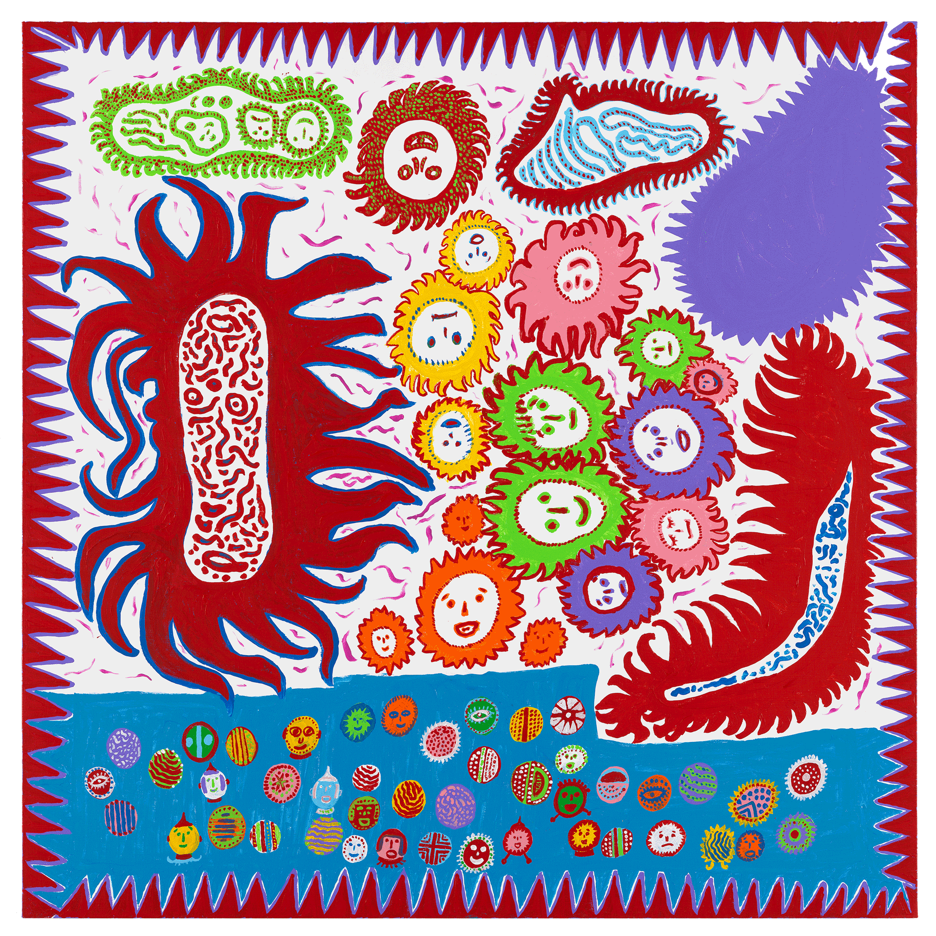 A painting by Yayoi Kusama, titled Landing on the Paradise of a Flower Garden, dated 2013.