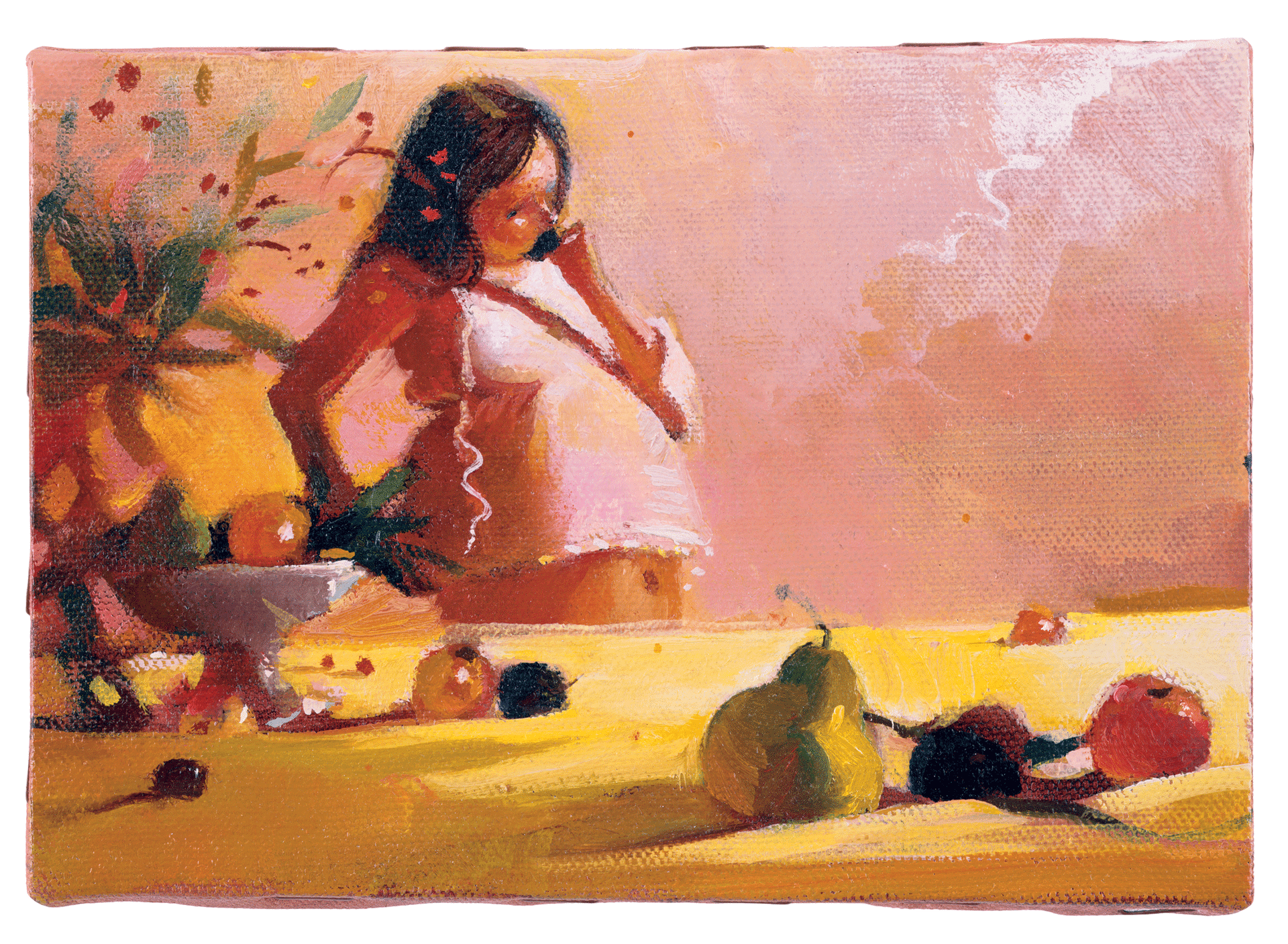 A painting by Lisa Yuskavage, titled Biting the Small Red Thing, dated 2004.