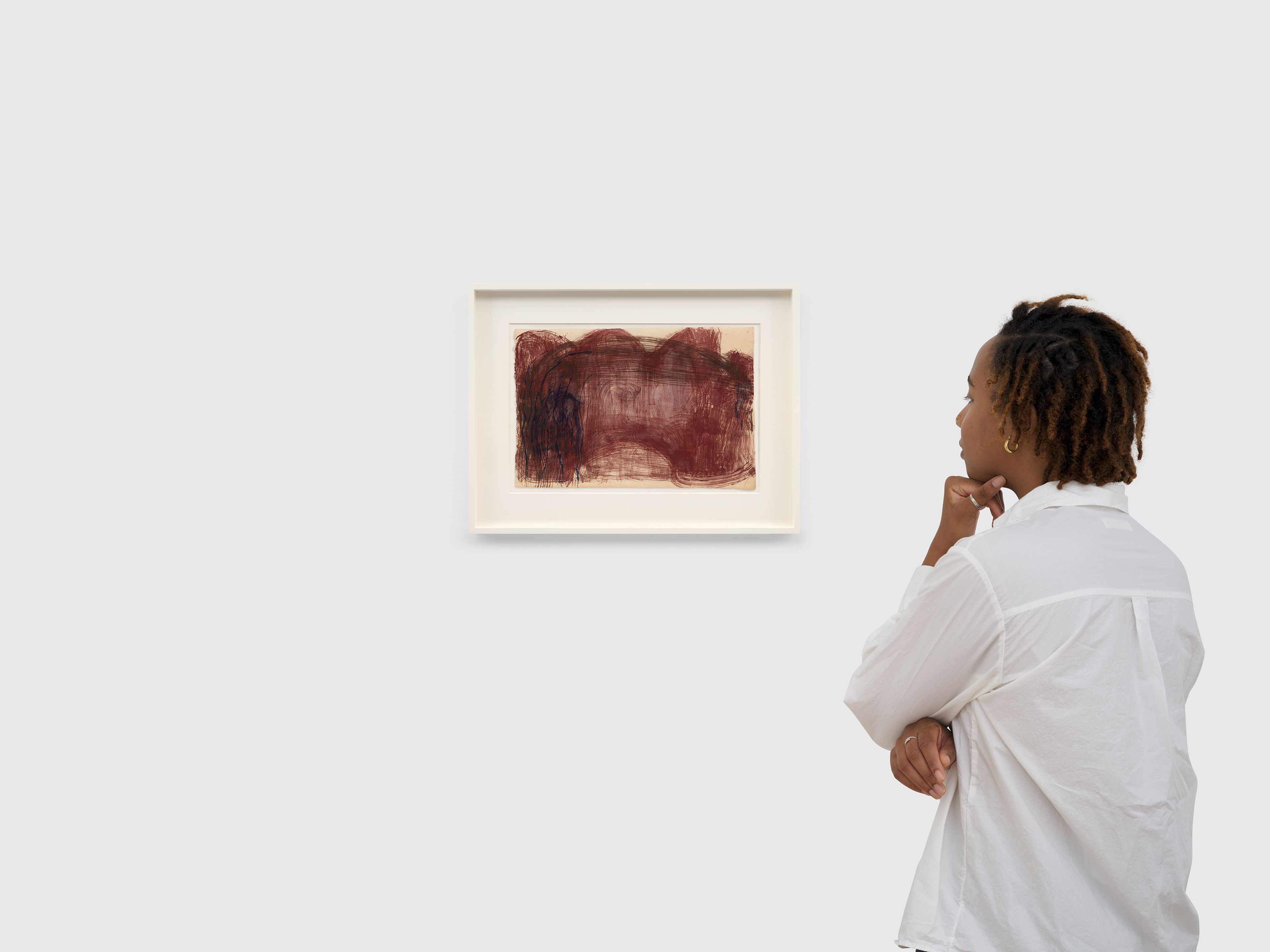 A work on paper by Suzan Frecon, titled red brushwood (cathedral) essai on old Japanese paper, dated 2024.