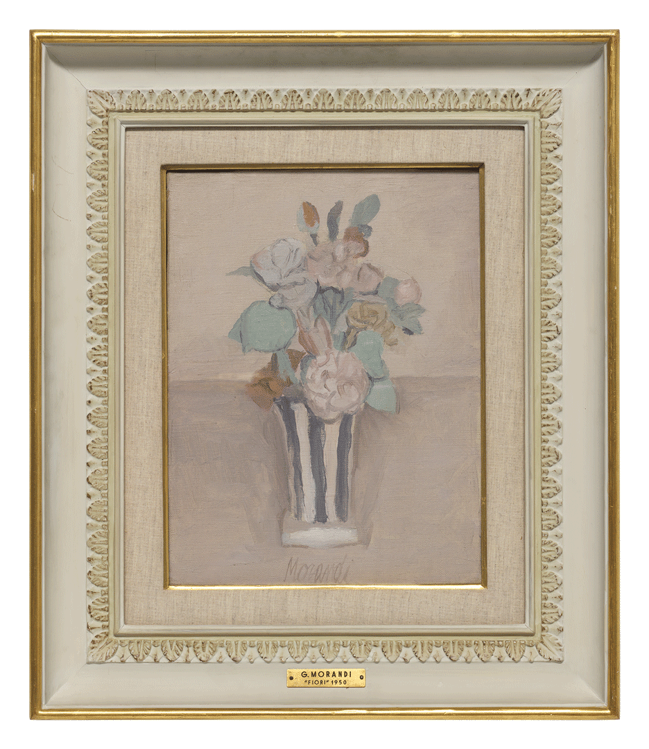 An oil painting on canvas by Giorio Morandi, titled Fiori (Flowers), dated 1950.
