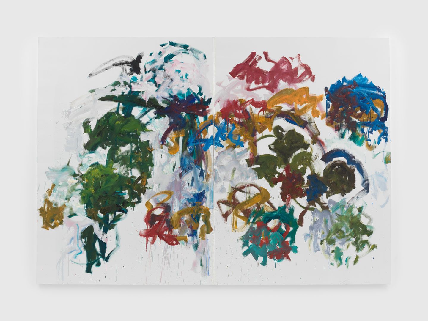A painting by Joan Mitchell in two parts, titled Sunflowers, dated 1990 to 1991.