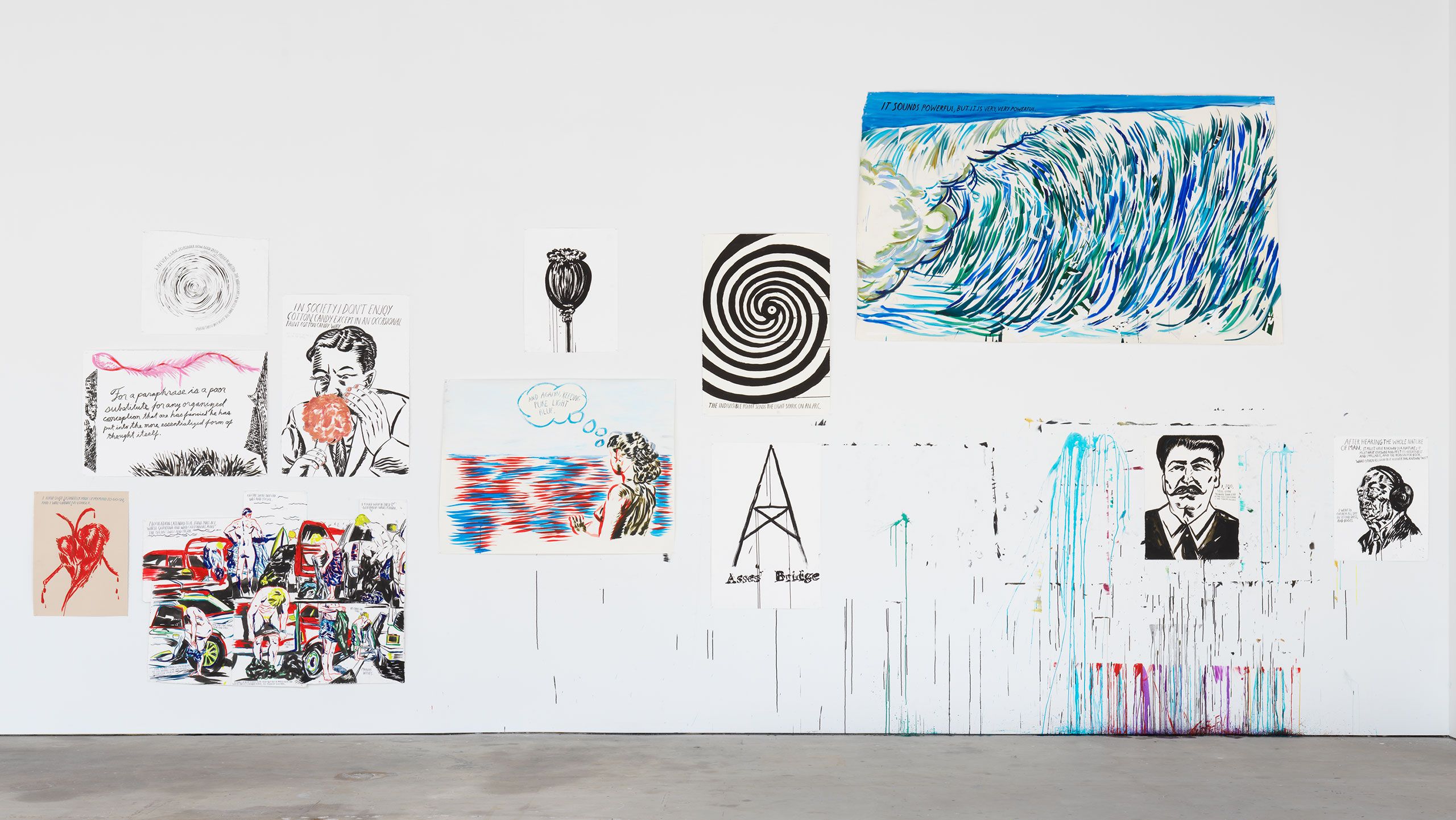 A installation view, titled Raymond Pettibon: TH EXPLOSIYV SHOYRT T, David Zwirner, New York, dated 2017. Photo by Dan Bradica