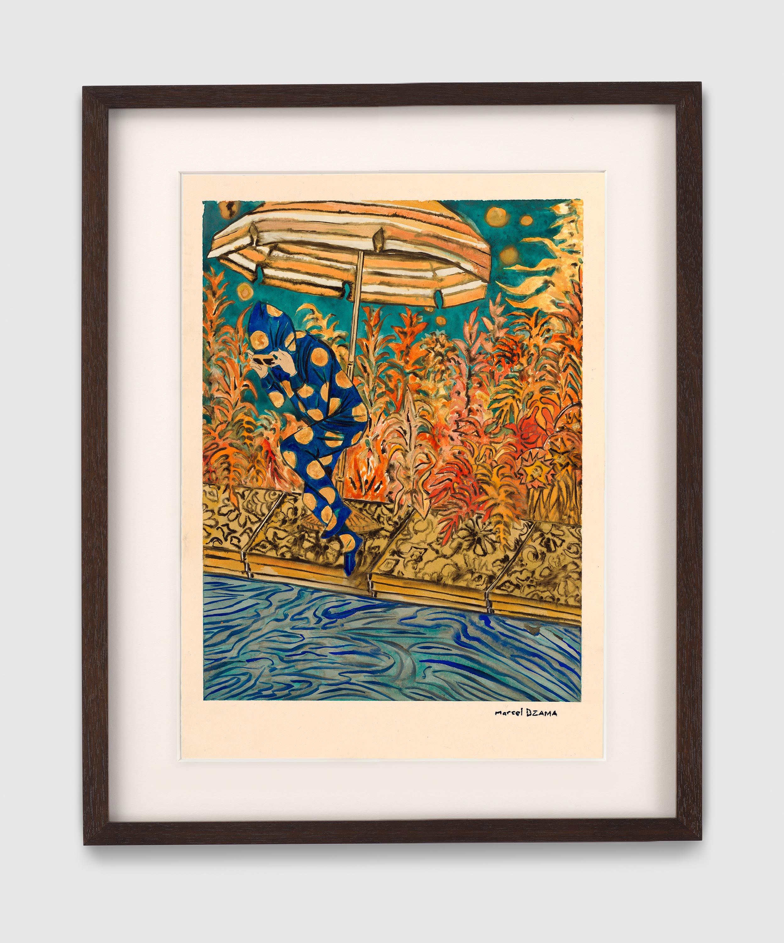 A work on paper by Marcel Dzama, titled No place to fall, dated 2022.