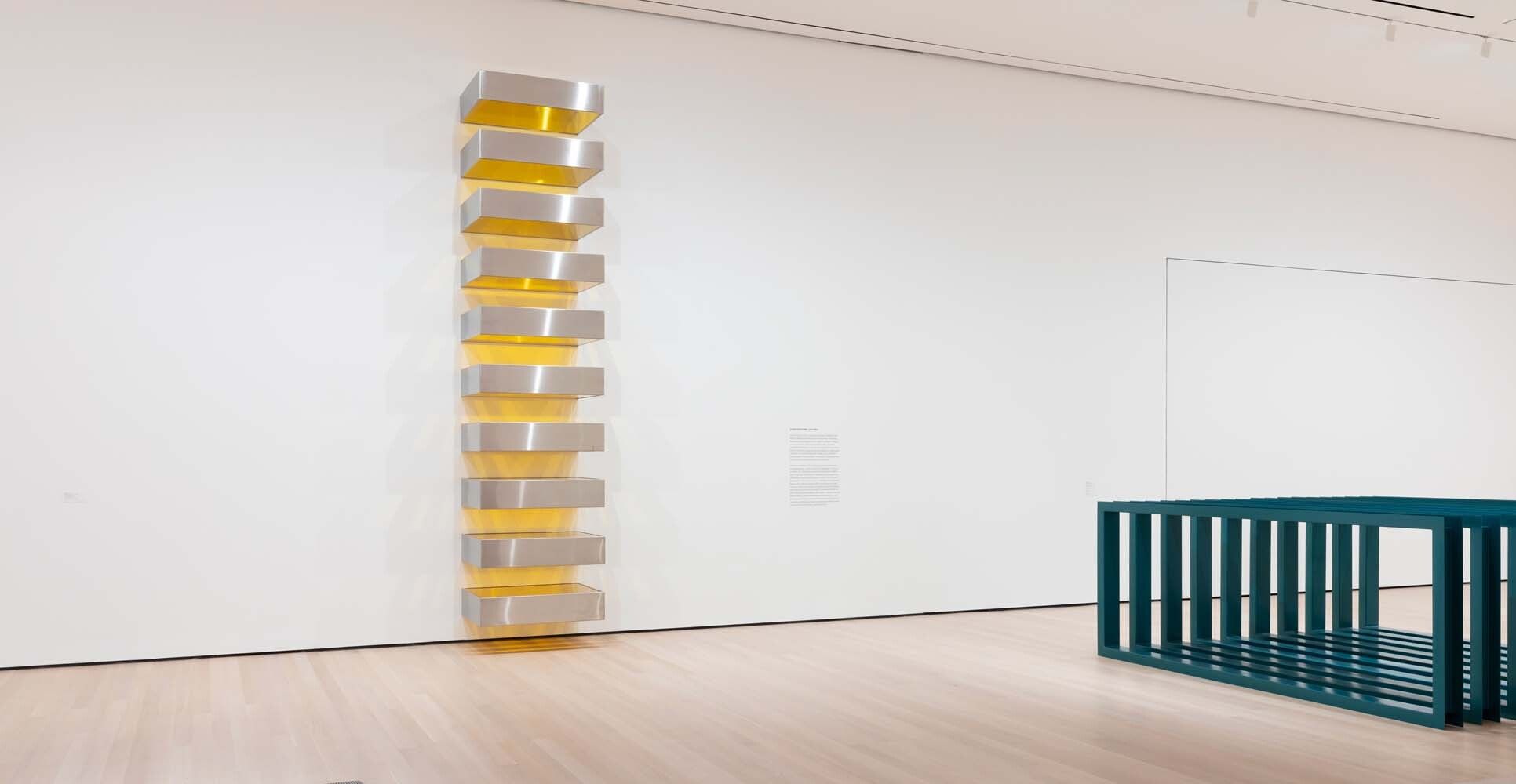 An installation view of an exhibition titled Judd at The Museum of Modern Art, New York, in 2020.