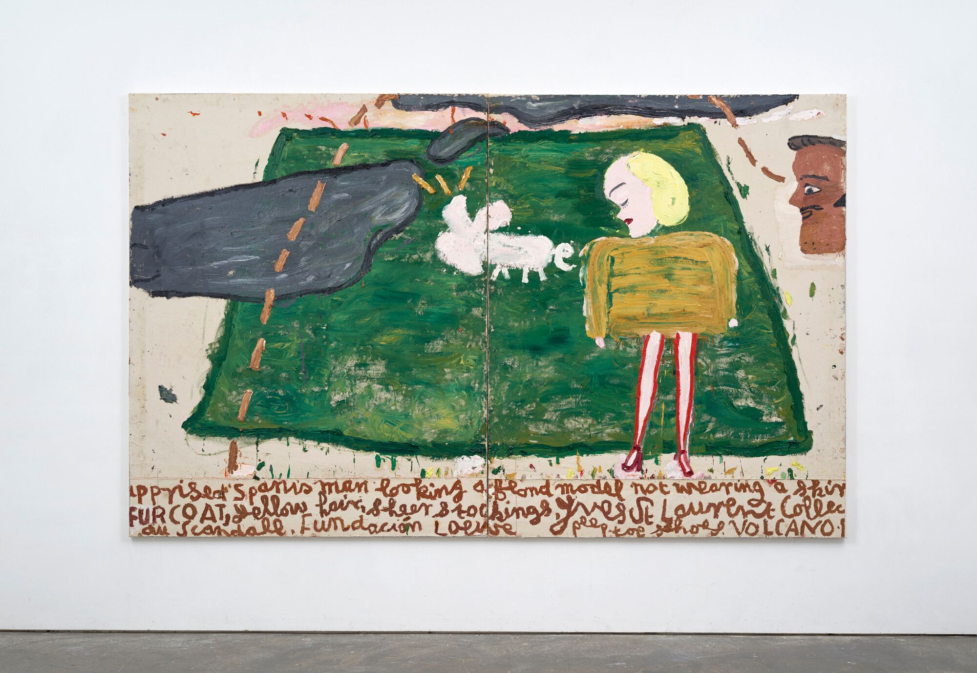 A two-panel oil on canvas painting by Rose Wylie titled Volcano, Pig, Cigar-Man, dated 2016.