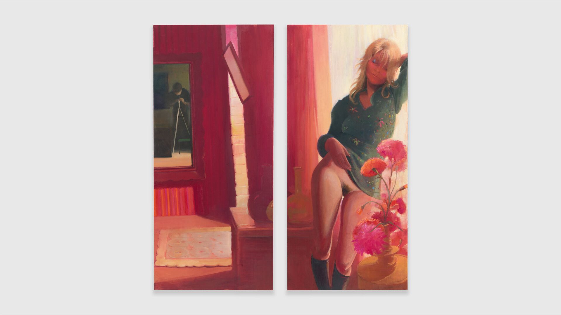 An oil painting on canvas by Lisa Yuskavage, titled Photo Shoot, dated 2020.