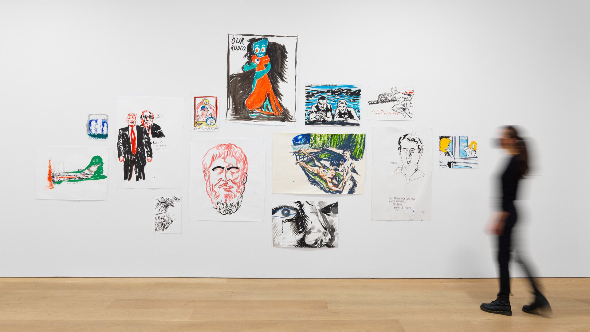 An installation view of a selection of works on paper by Raymond Pettibon, dated 1998 to 2020.