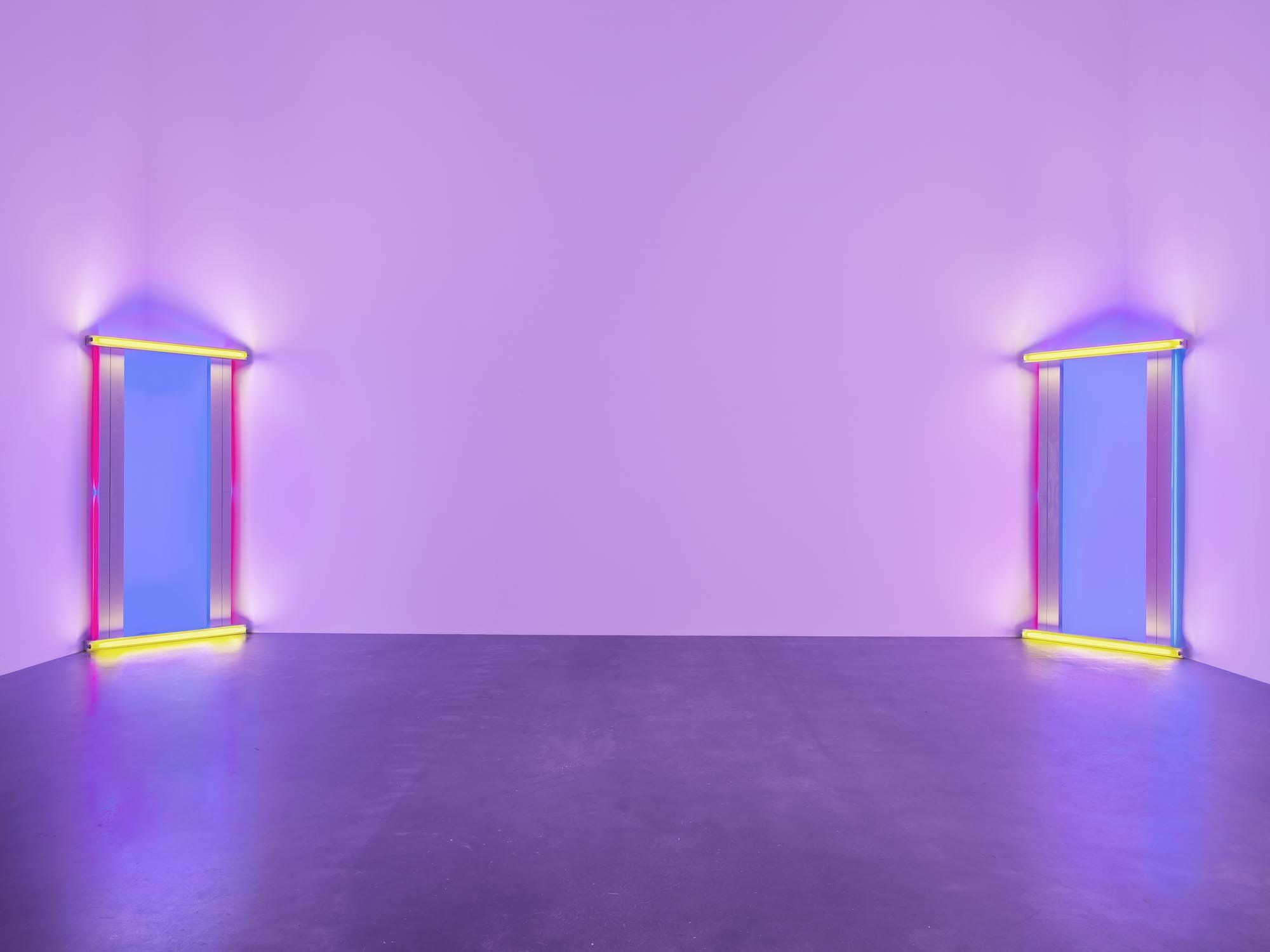 Installation view of the exhibition Dan Flavin: Corners, Barriers and Corridors, at David Zwirner in New York, 2015.