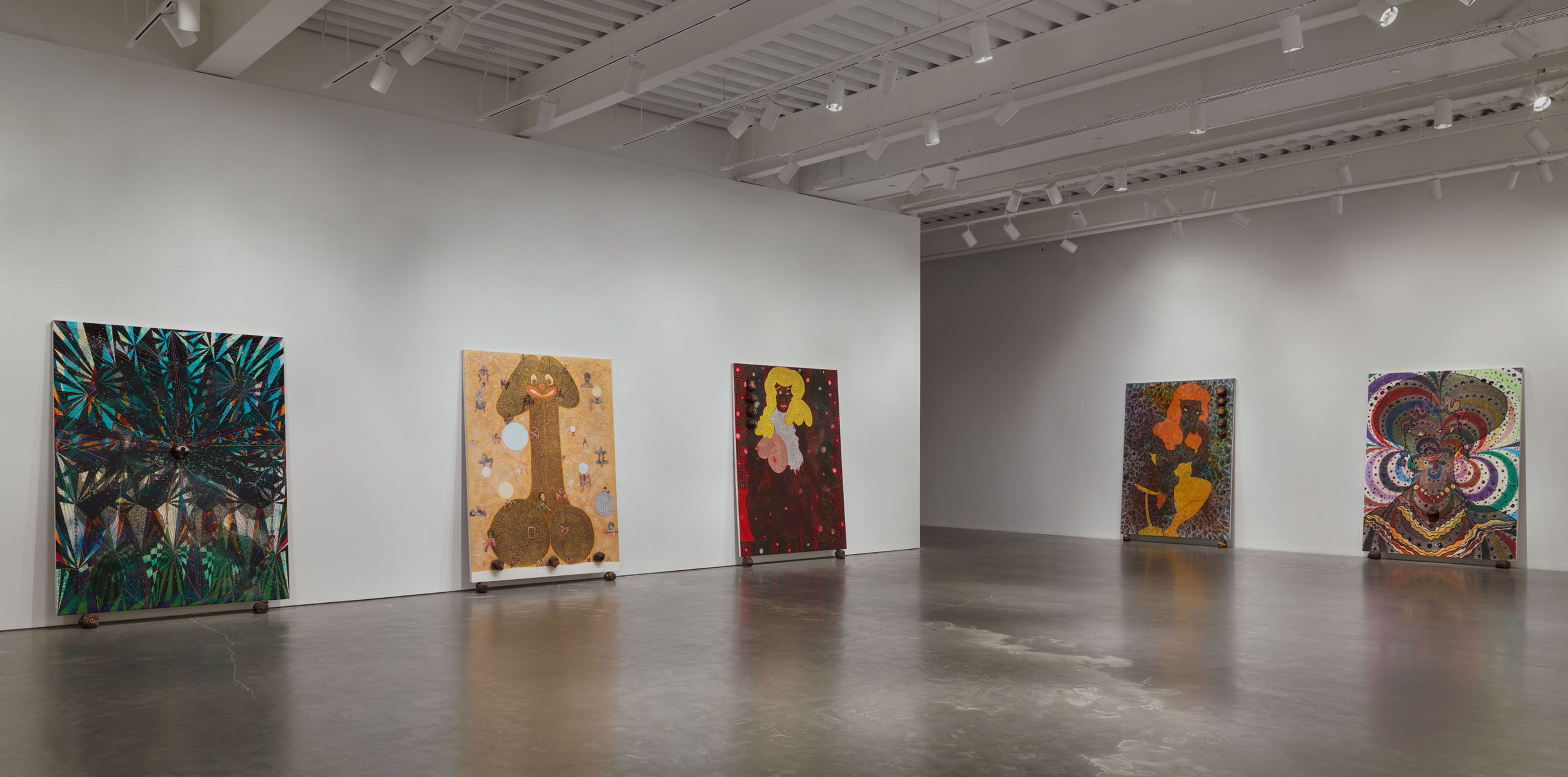 Installation view of the exhibition, Chris Ofili: Night and Day, at the New Museum in New York, dated 2014.