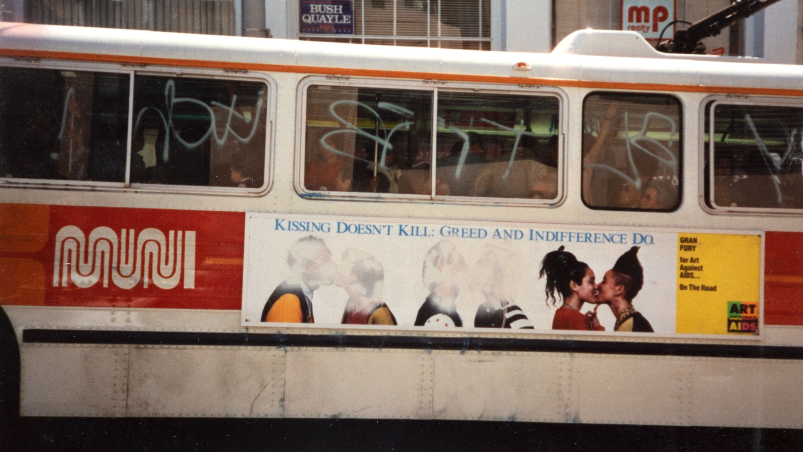 A photo of the first gran Fury commission for AMFAR, in June 1987.