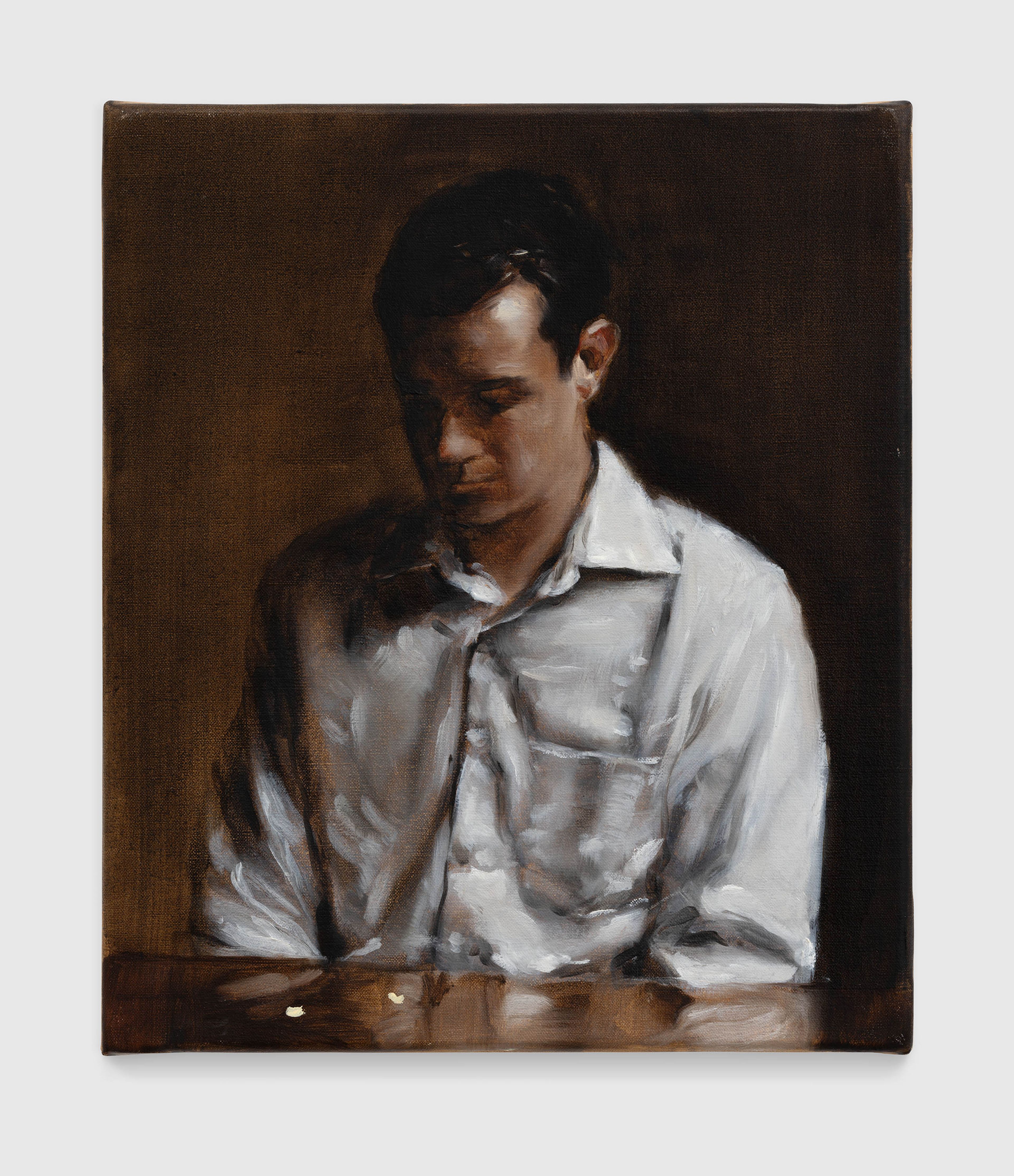 A painting by Michaël Borremans, titled Man Asleep, dated 2005.