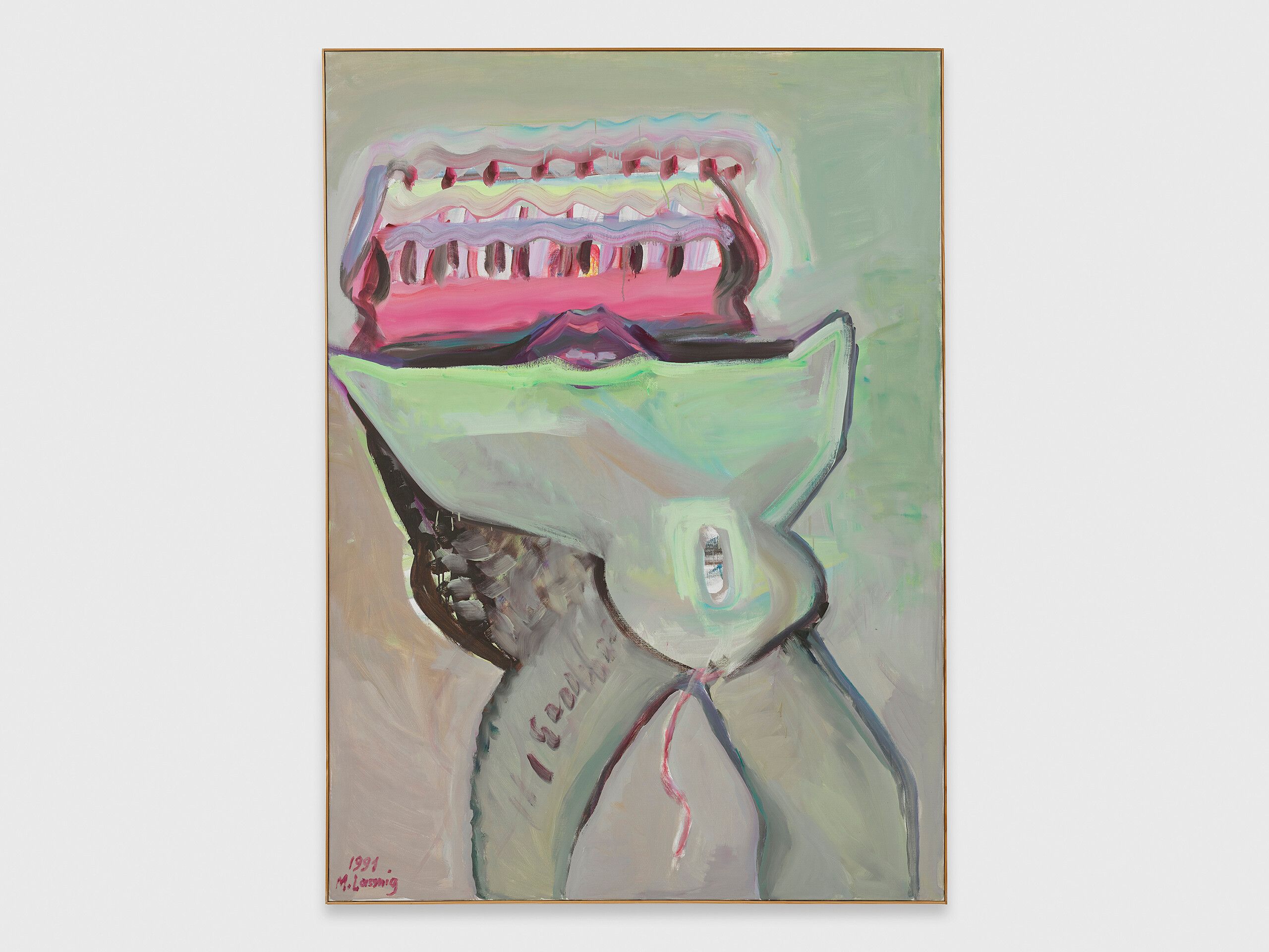 An oil on canvas painting by Maria Lassnig, titled Nabelschiff (Navel Boat), dated 1991.