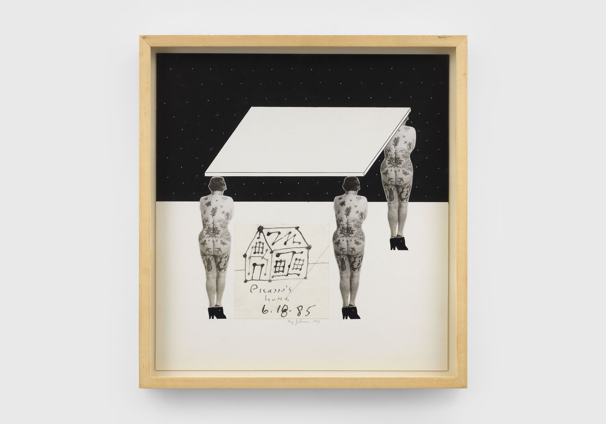 A collage on illustration board by Ray Johnson, titled Picasso’s House, dated 1985.