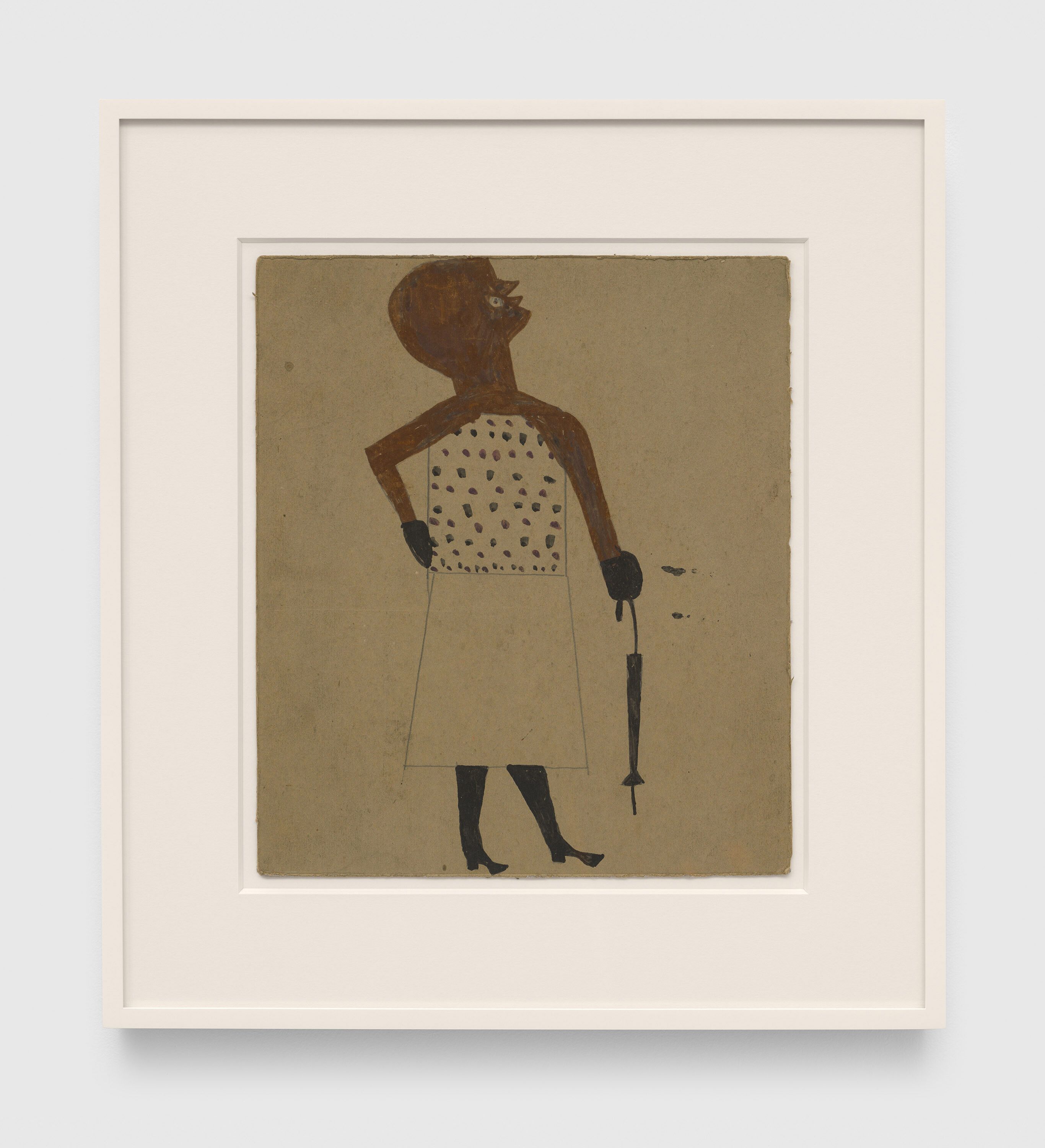 A drawing by Bill Traylor, titled Woman in Spotted Blouse with Mittens and Umbrella, 1939 to 1942.