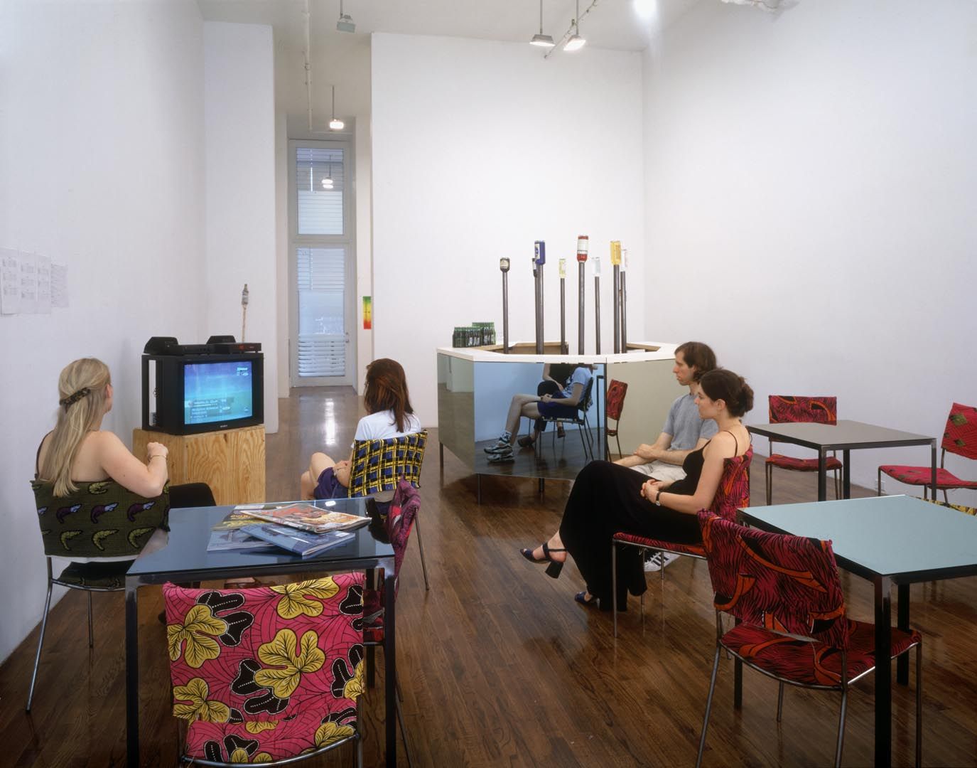 An installation view of the exhibition Franz West and Heimo Zobernig "Bar", at David Zwirner New York, dated 1998.