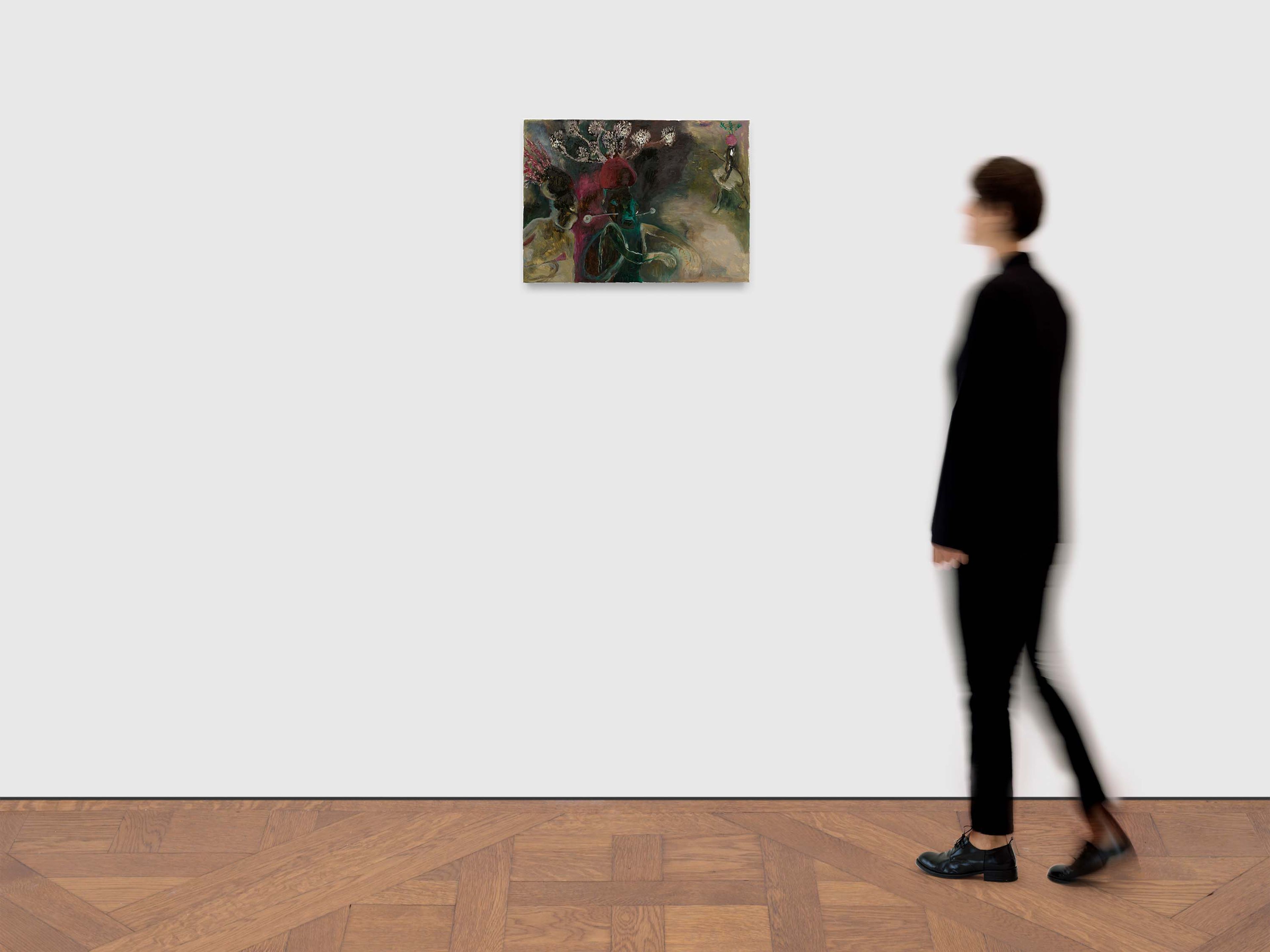 A painting by Sosa Joseph, titled Kavadi in monsoon, dated 2025.