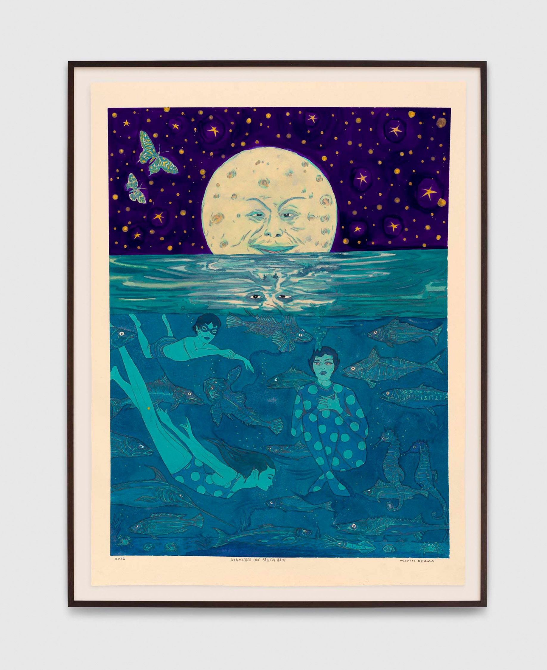 A work on paper by Marcel Dzama, titled Surrendered like fallen rain, dated 2022.