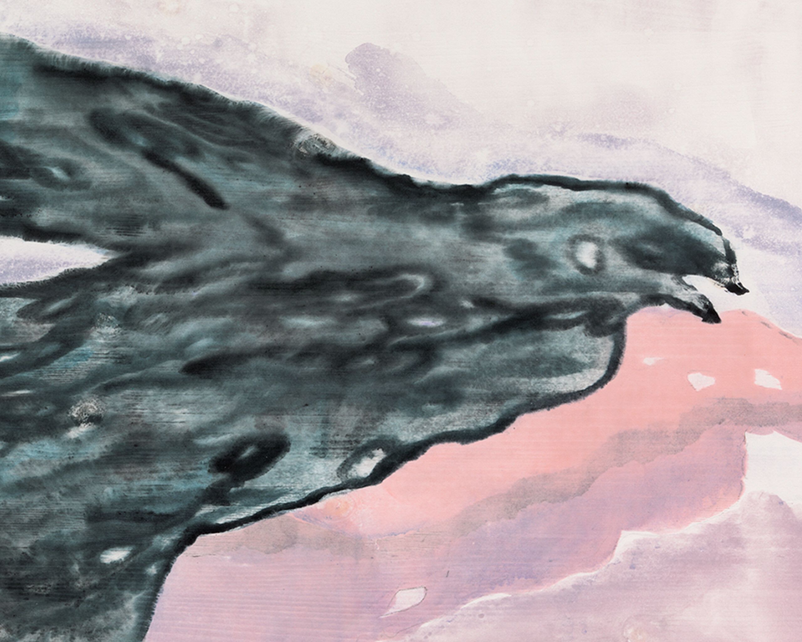 A detail of a monotype titled Untitled by Peter Doig depicts a head of a bird, dated 2011