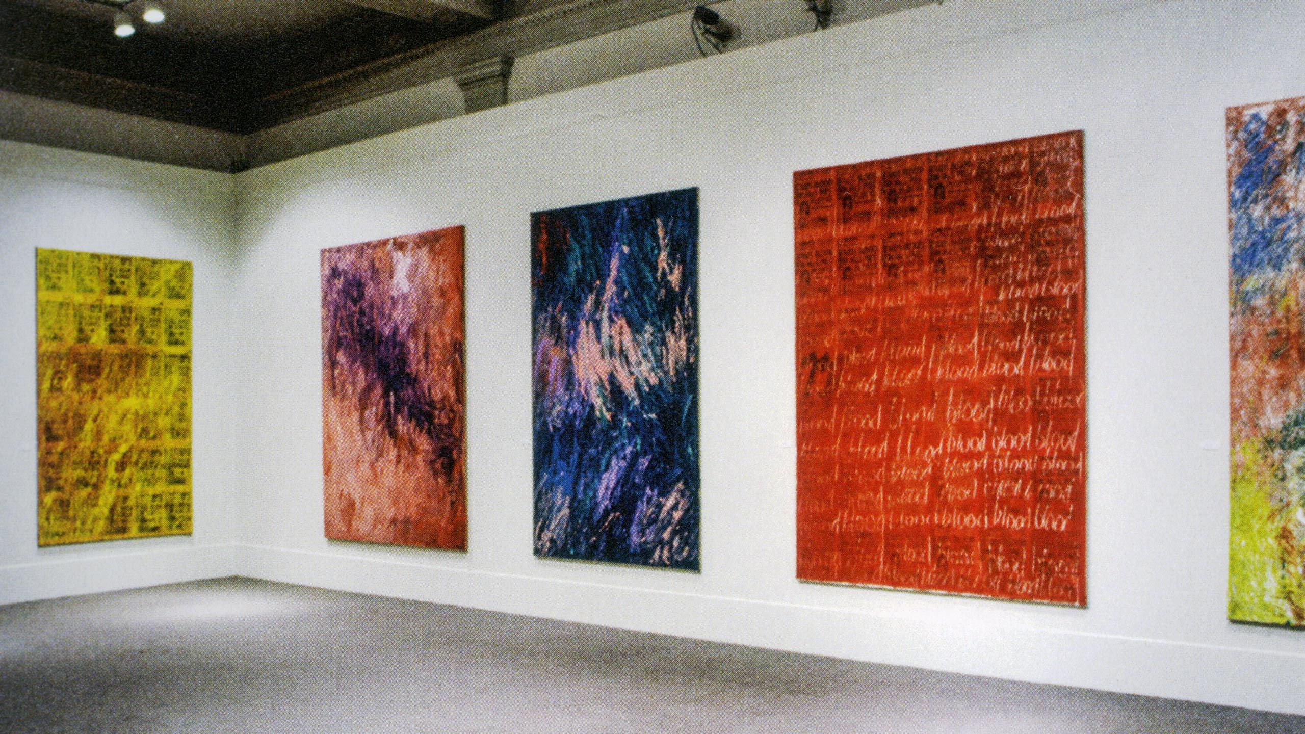 An installation view of Derek Jarman's exhibition Queer at Manchester Art Gallery in 1992.
