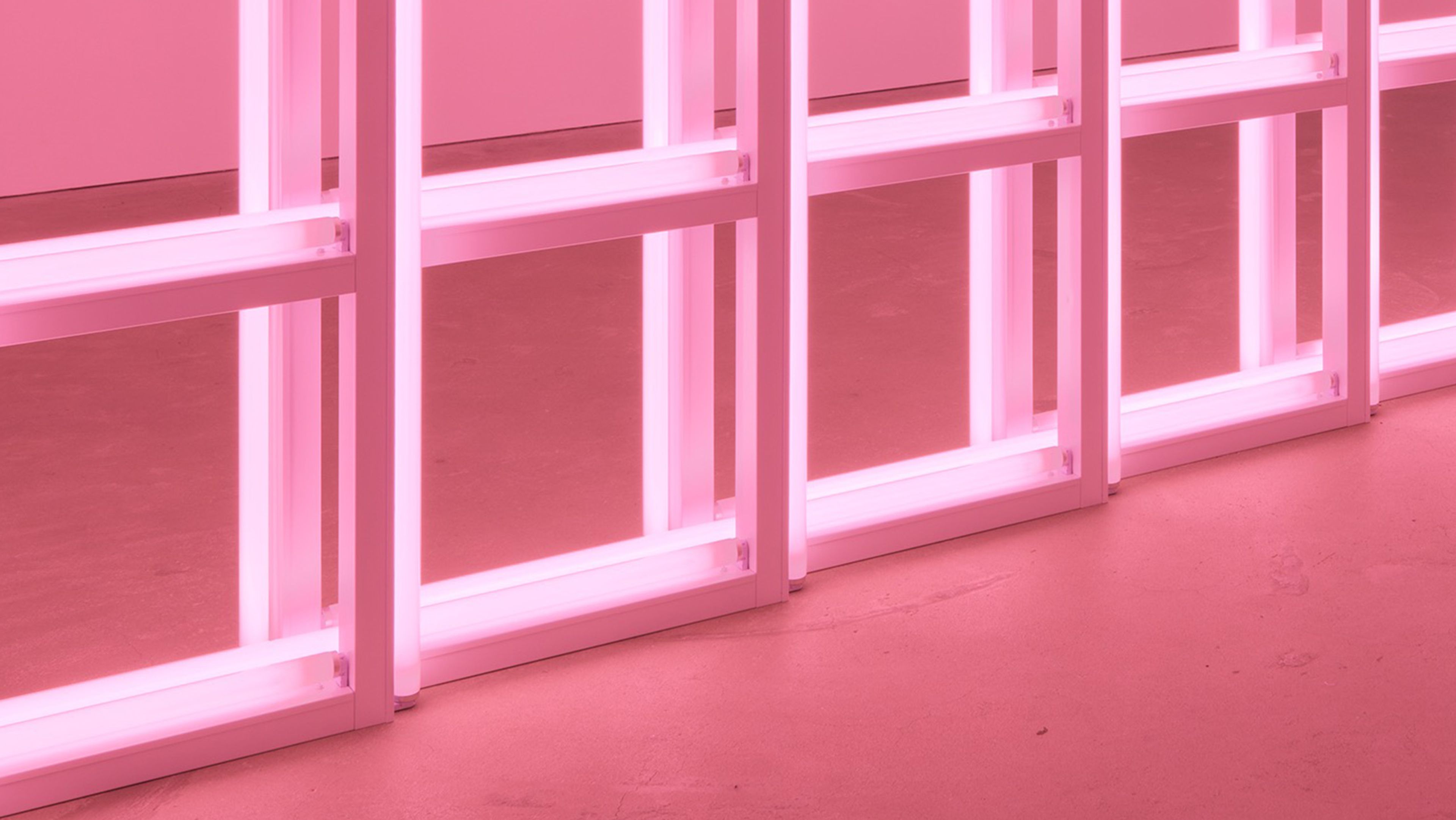 A detail of the install view for the work Untitled by Dan Flavin