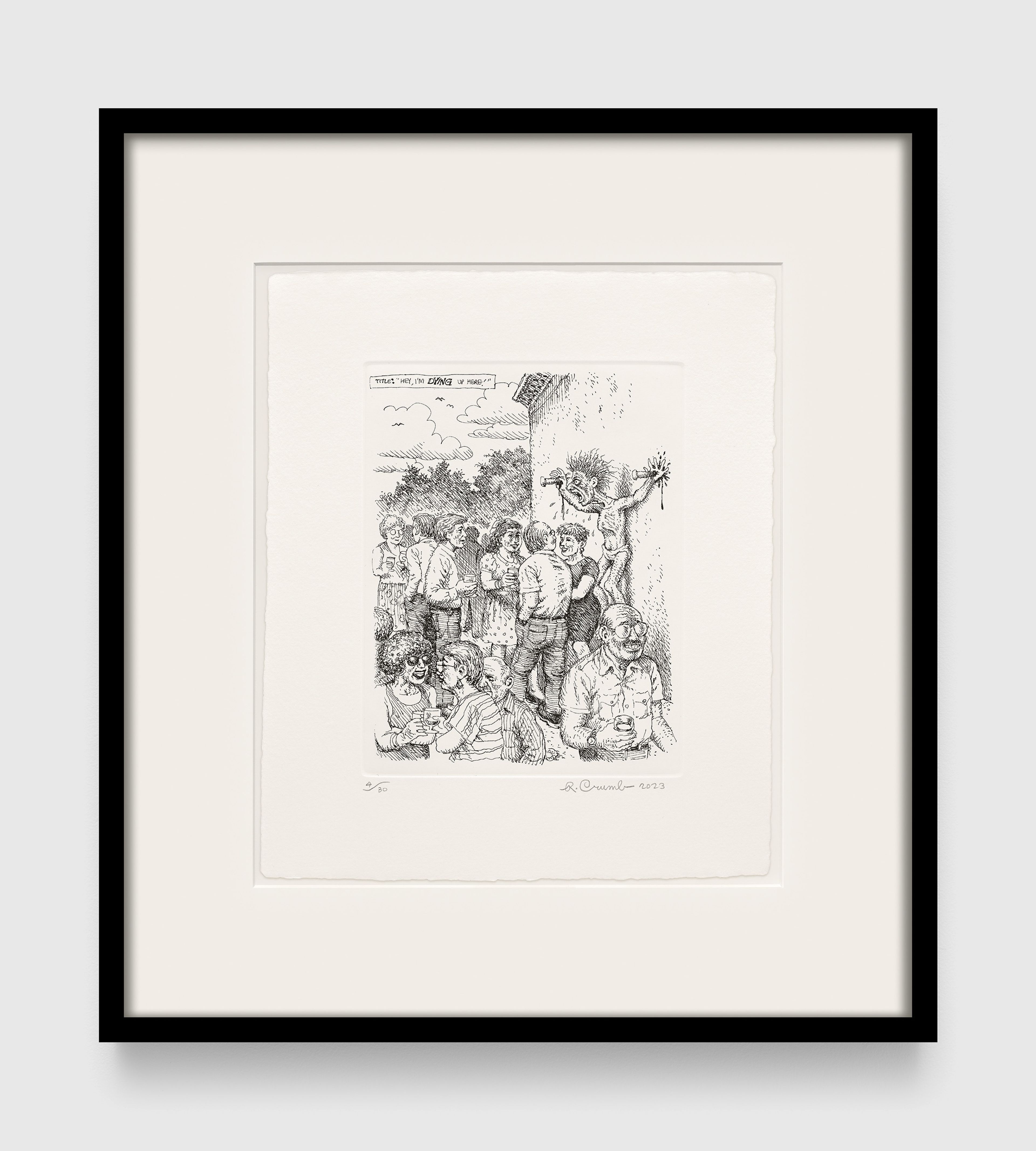 A work on paper by R. Crumb, titled I'm Dying Up Here, dated 2023.