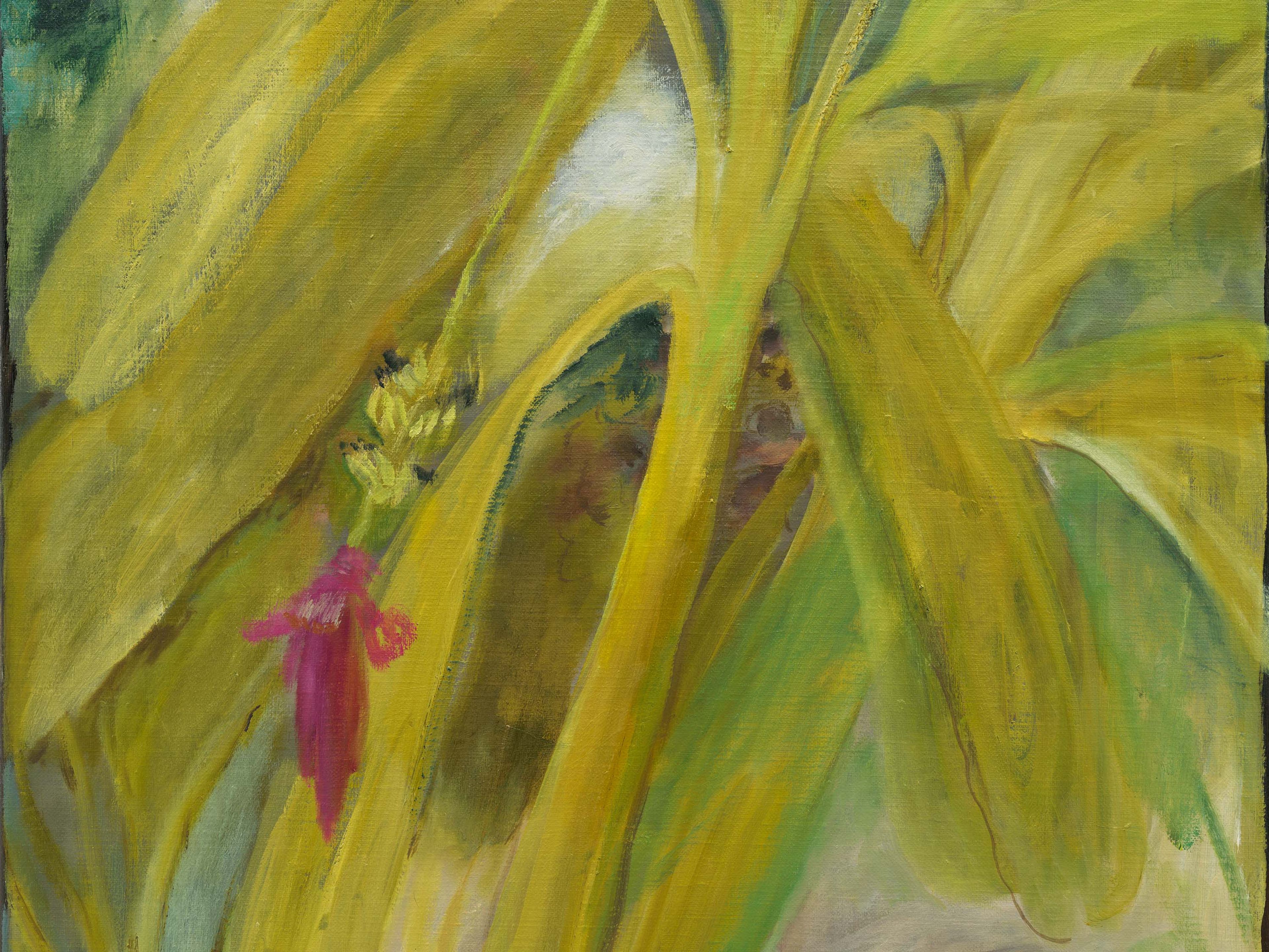 A painting by Sosa Joseph, titled Banana blossoms came in her favourite colour, dated 2025.
