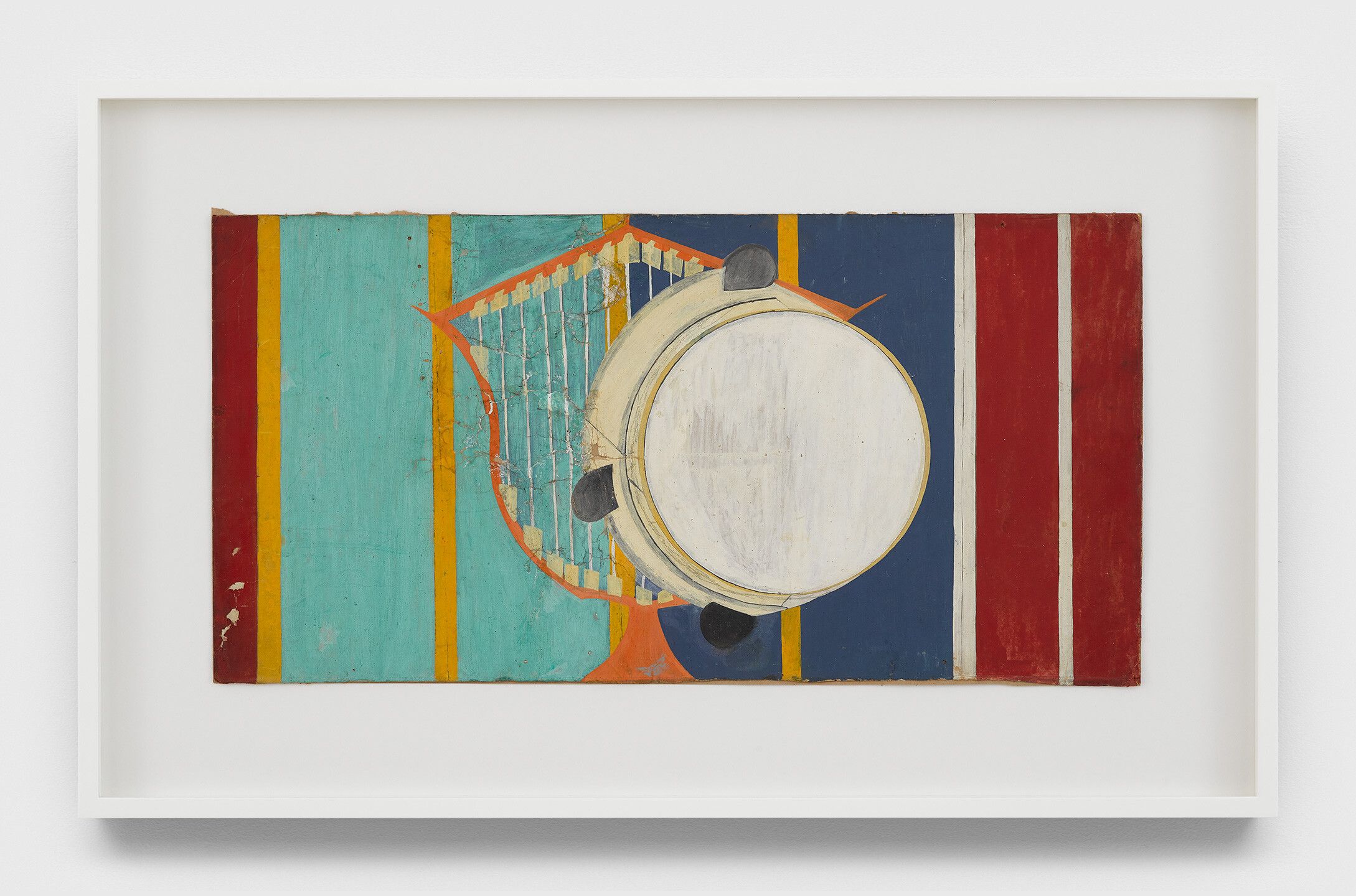 An undated oil painting on cardboard by Frank Walter, titled Untitled (Tambourine and Harp).