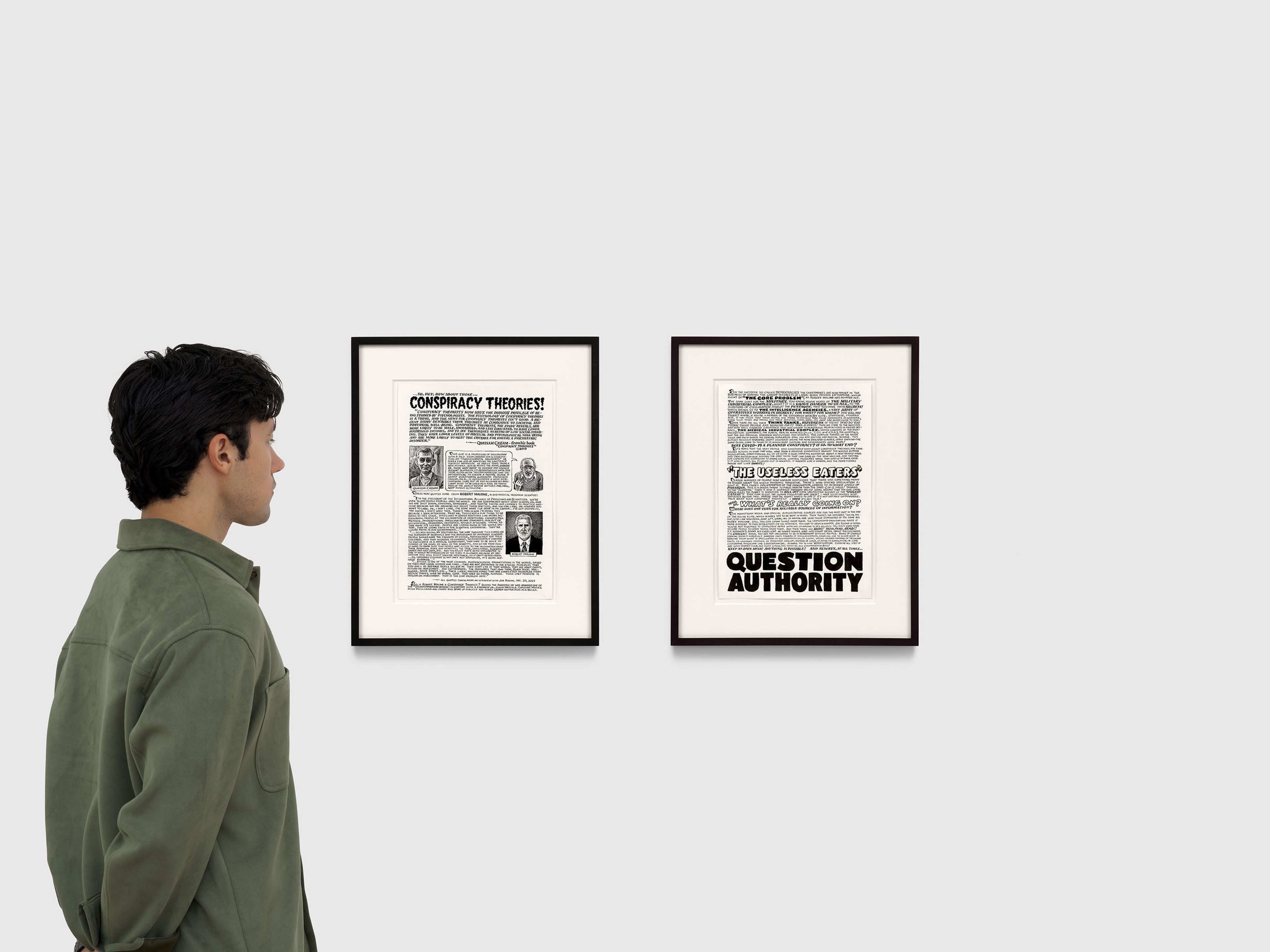 A 2-part work on paper by R. Crumb, titled Conspiracy Theories!, dated 2025.