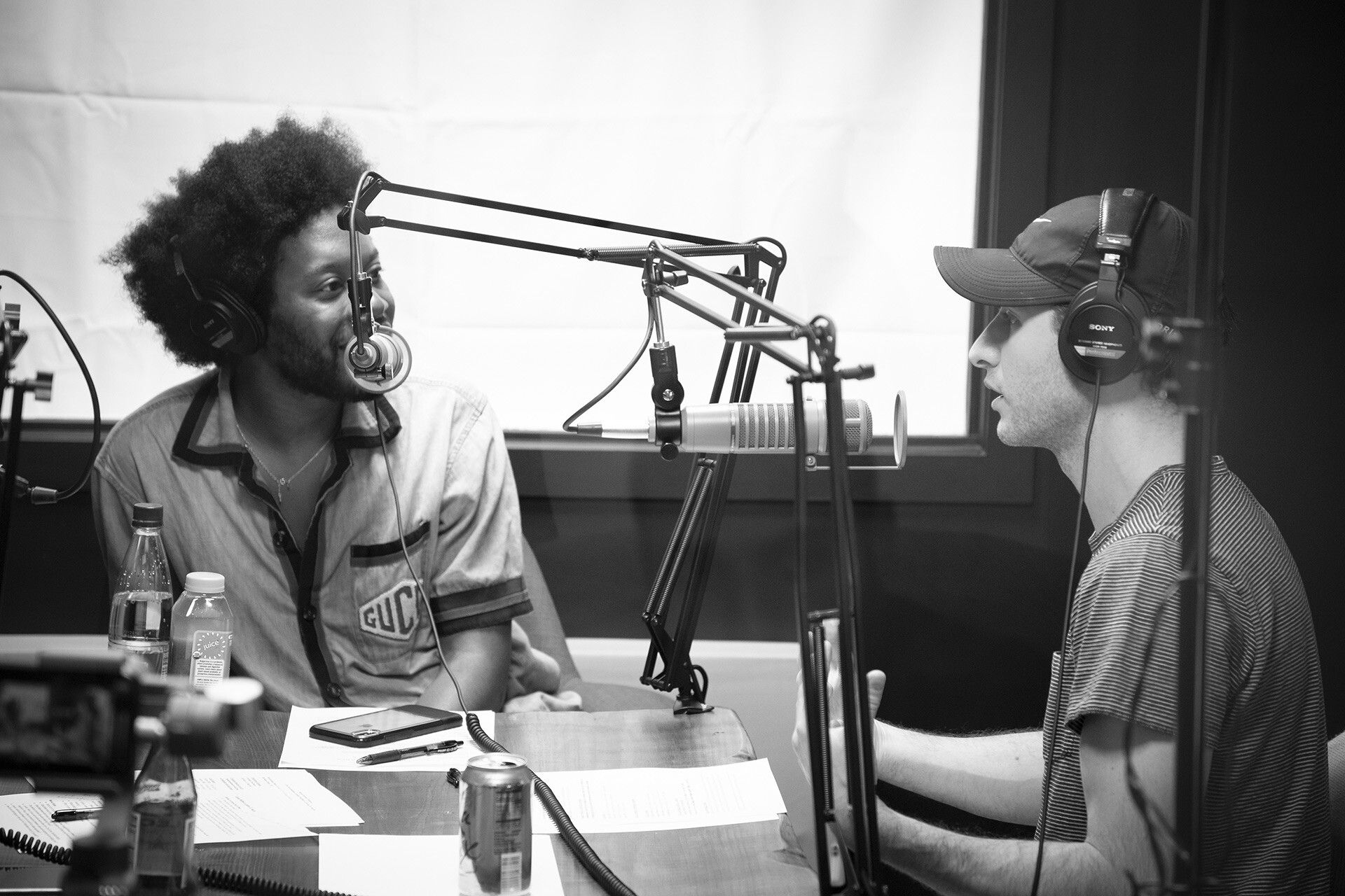 Photo of Jordan Wolfson and Jeremy O. Harris recording the David Zwirner Podcast in 2019.