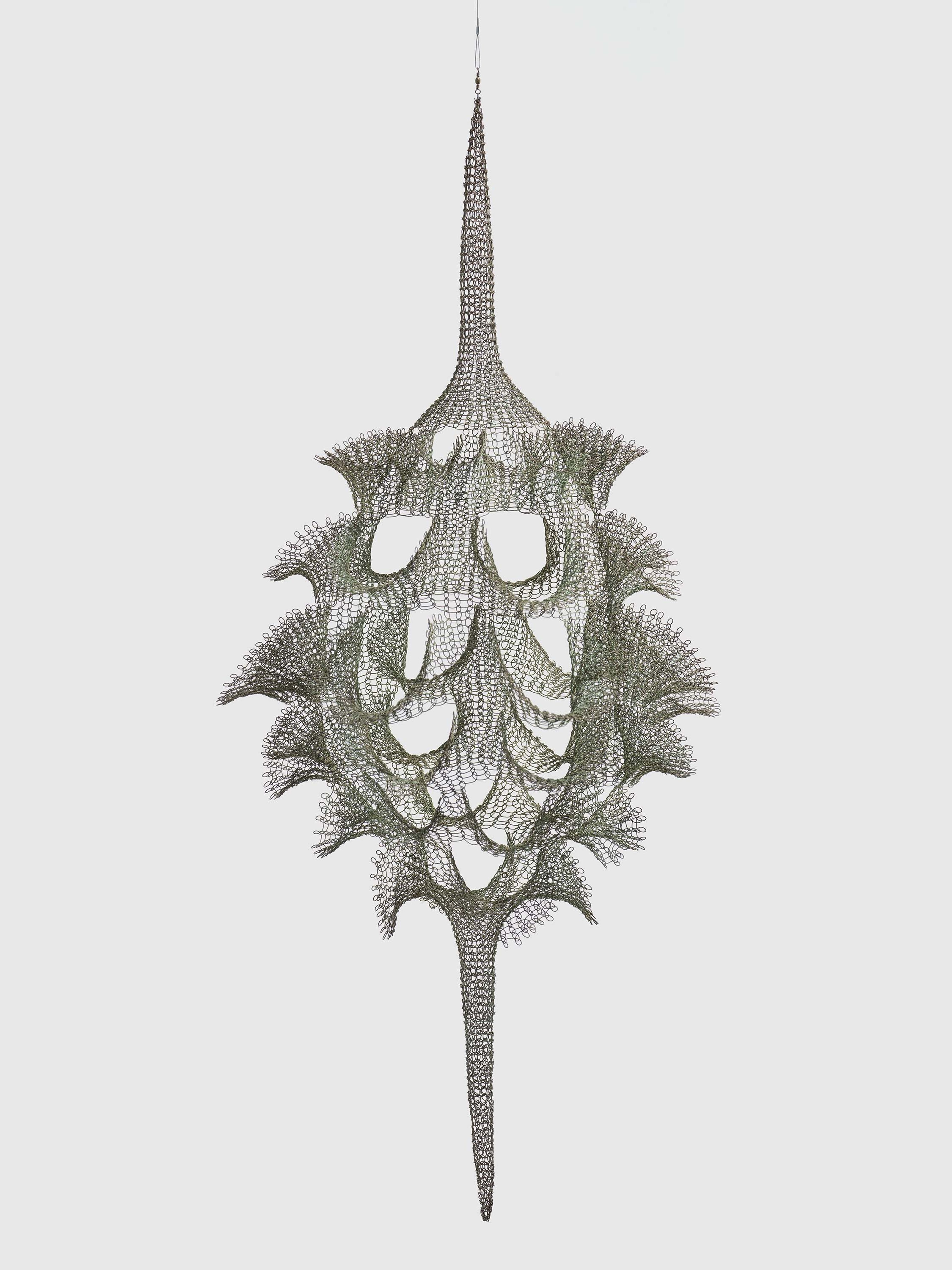 A sculpture by Ruth Asawa, titled Untitled (S.483, Hanging Single-Section, Reversible Open-Window Form), dated circa 1950.