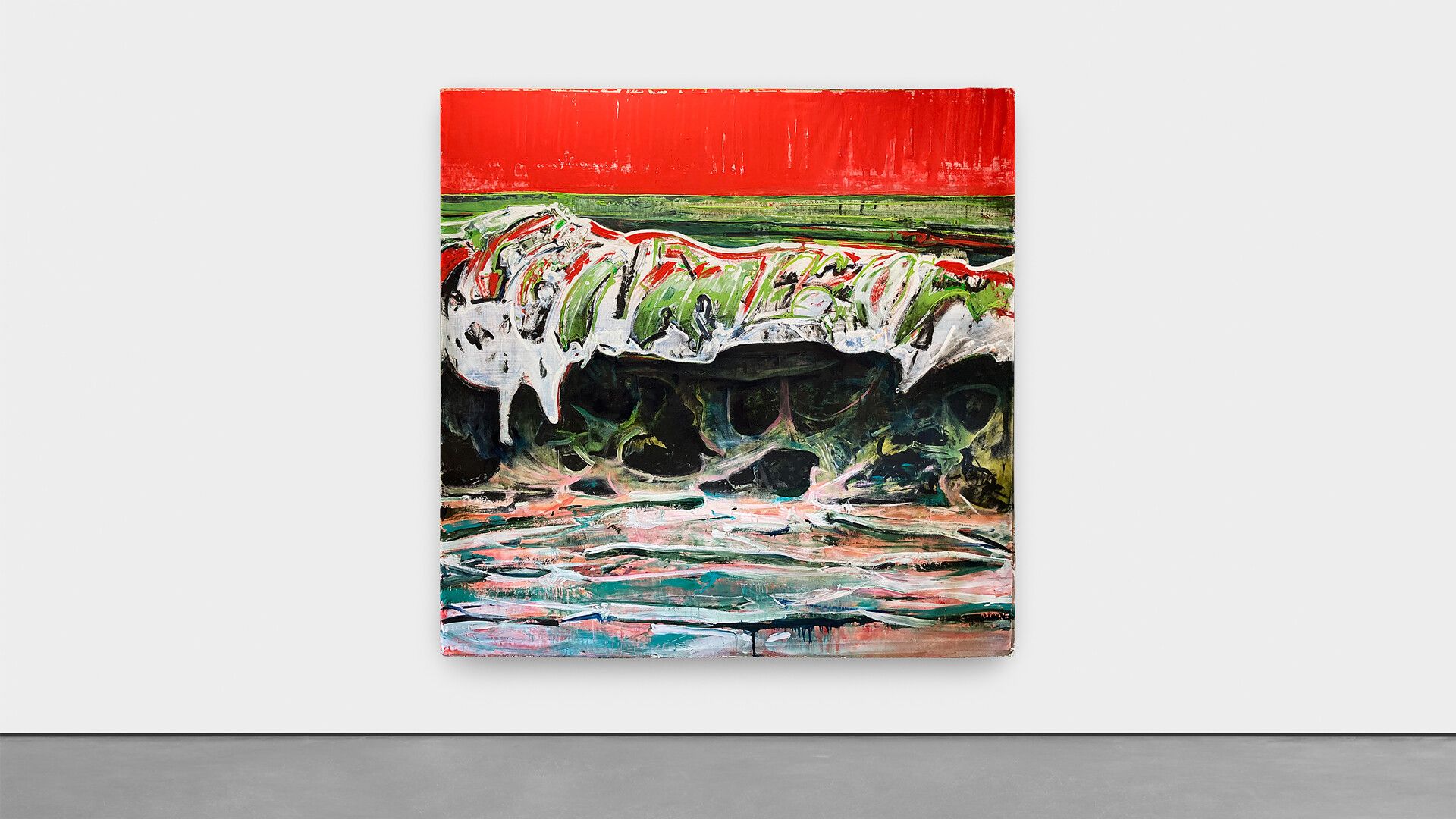 An installation view of an acrylic, oil and watercolour pencil work on canvas by Cy Gavin, titled, Untitled (Wave Painting), dated 2020.
