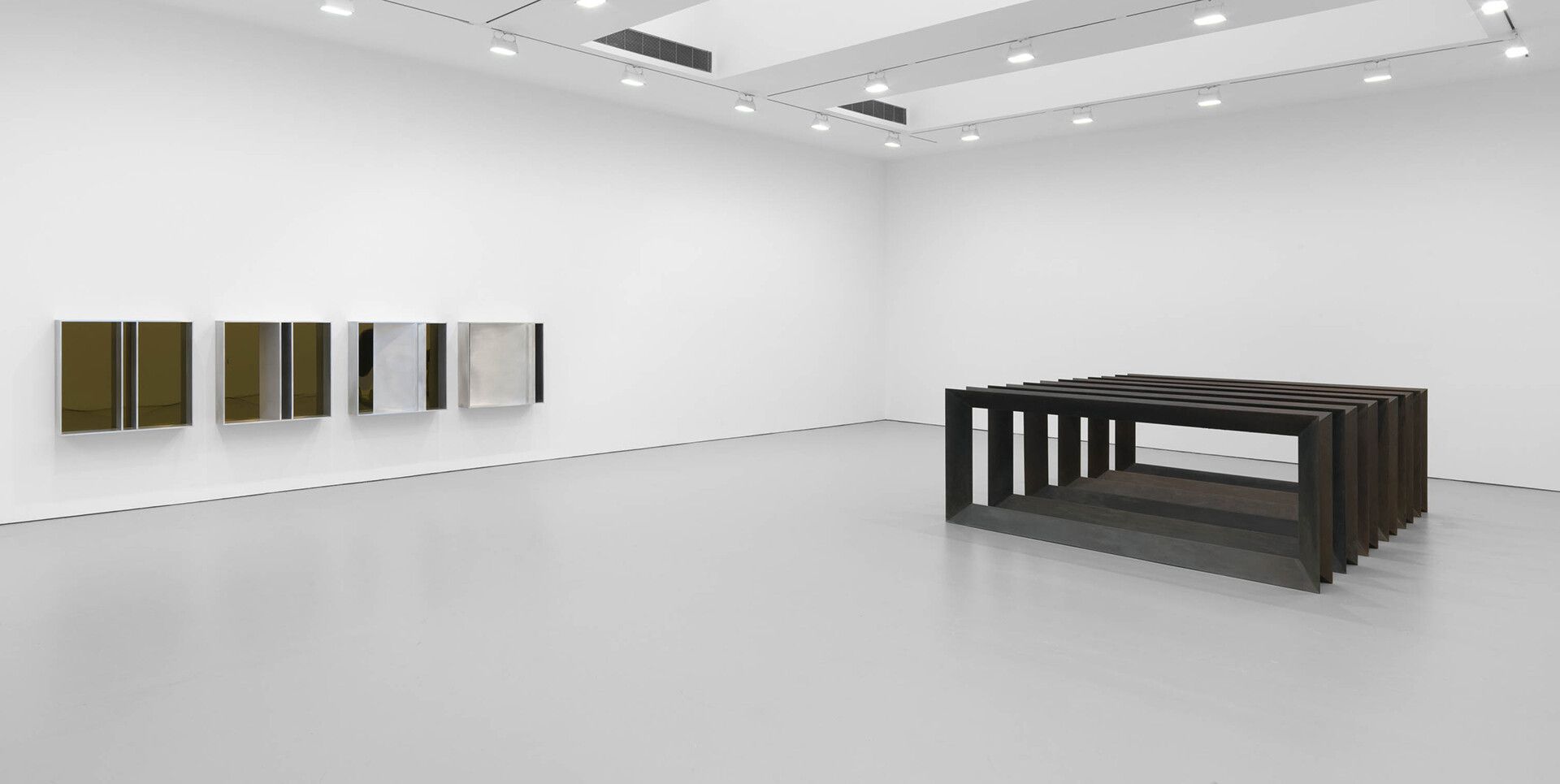 An installation view of an exhibition titled Donald Judd Artworks: 1970–1994, at David Zwirner, New York, in 2020.