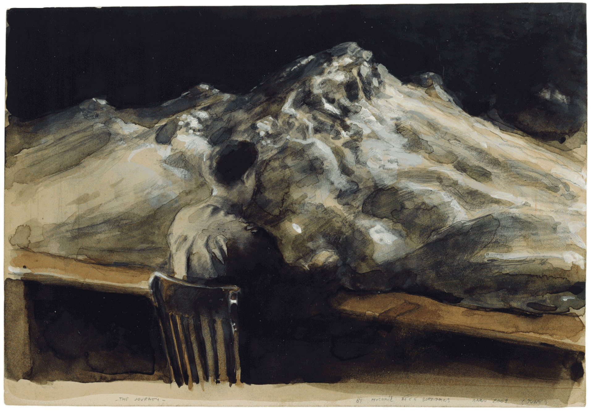 A watercolor by Michael Borremans, titled The Journey, dated 2002.