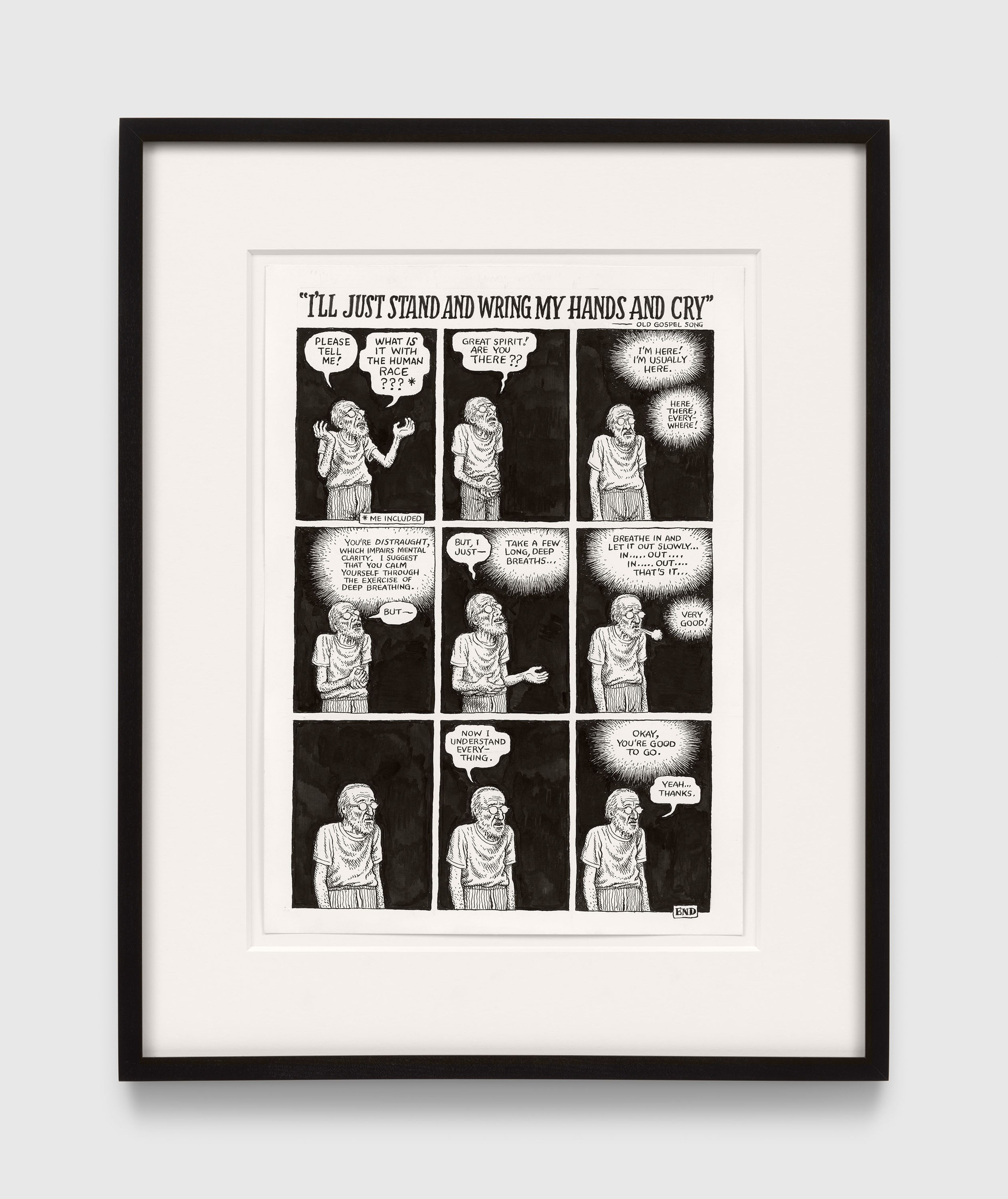 A work on paper by R. Crumb, titled I’ll Just Stand and Wring My Hands and Cry, dated 2025.