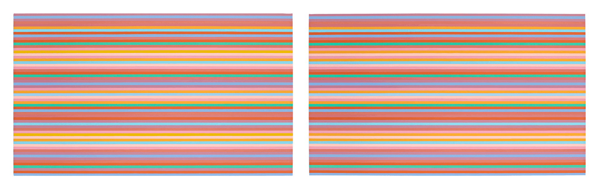 A painting by Bridget Riley, titled Red Modulation (Yellow and Orange), dated 2013 to 2014.