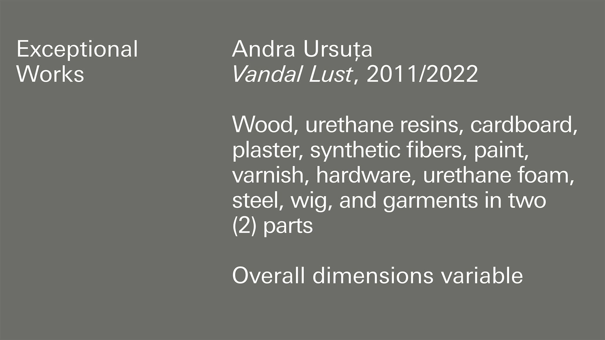 A grey header graphic with details about a sculpture by Andra Ursuţa, titled Vandal Lust, dated 2011/2022.