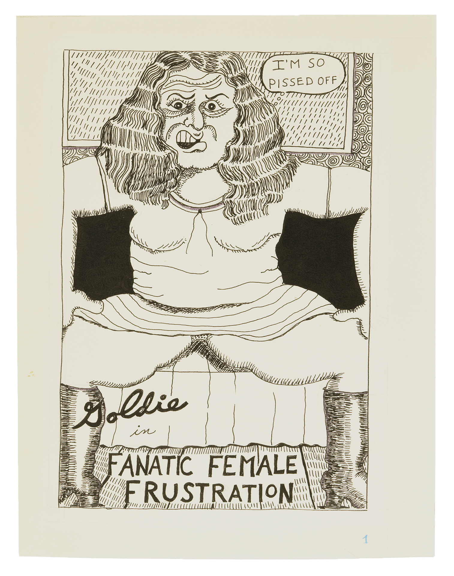A drawing by Aline Kominsky Crumb titled, Goldie in Fanatic Female Frustration, dated 1975.